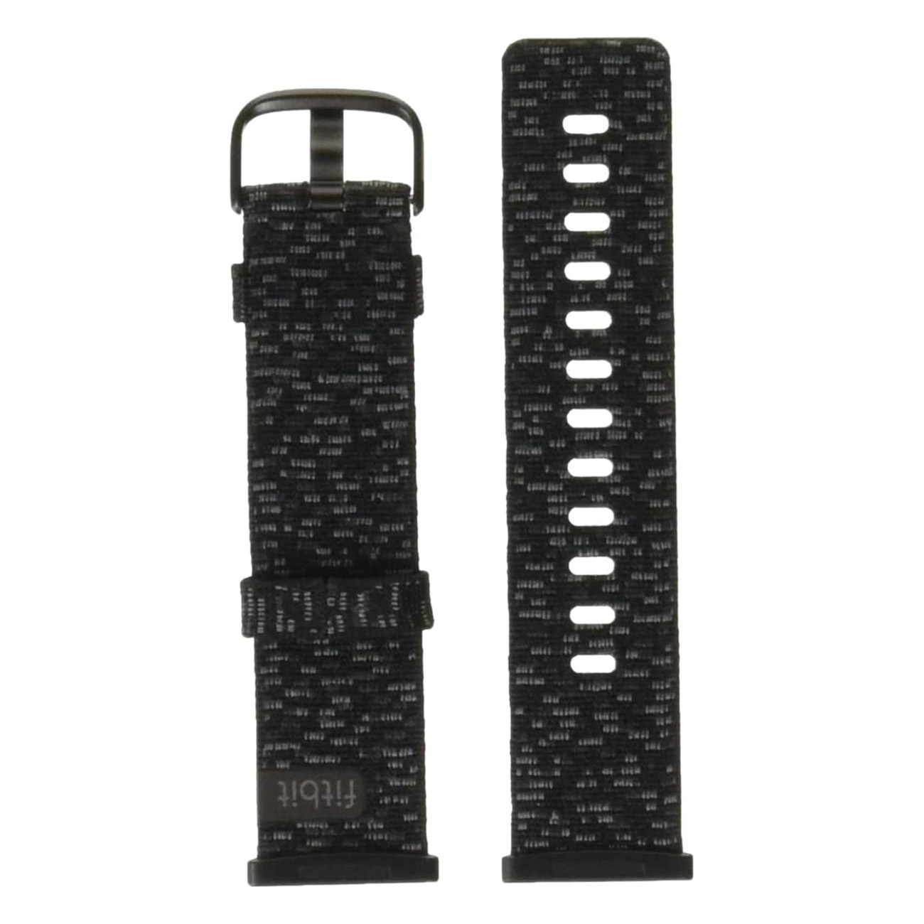 Dos correas de reloj Fitbit negras y grises con una hebilla negra. El logotipo de Fitbit es visible.