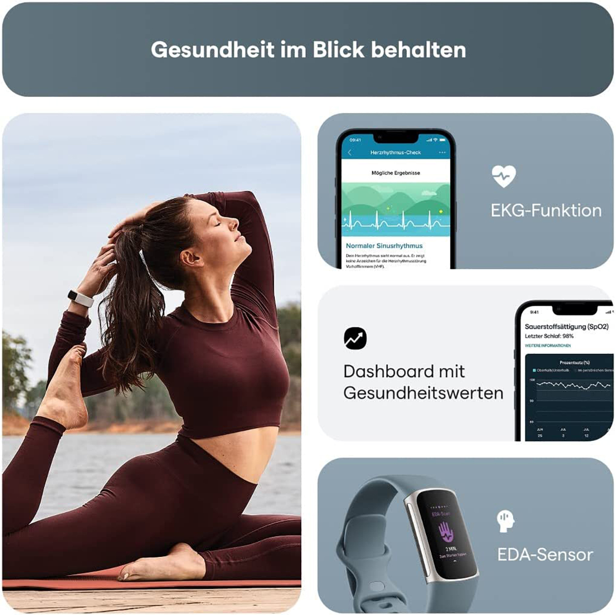 Frau macht Yoga, Smartwatch am Handgelenk. Gesundheits-App-Info und Smartwatch gezeigt.