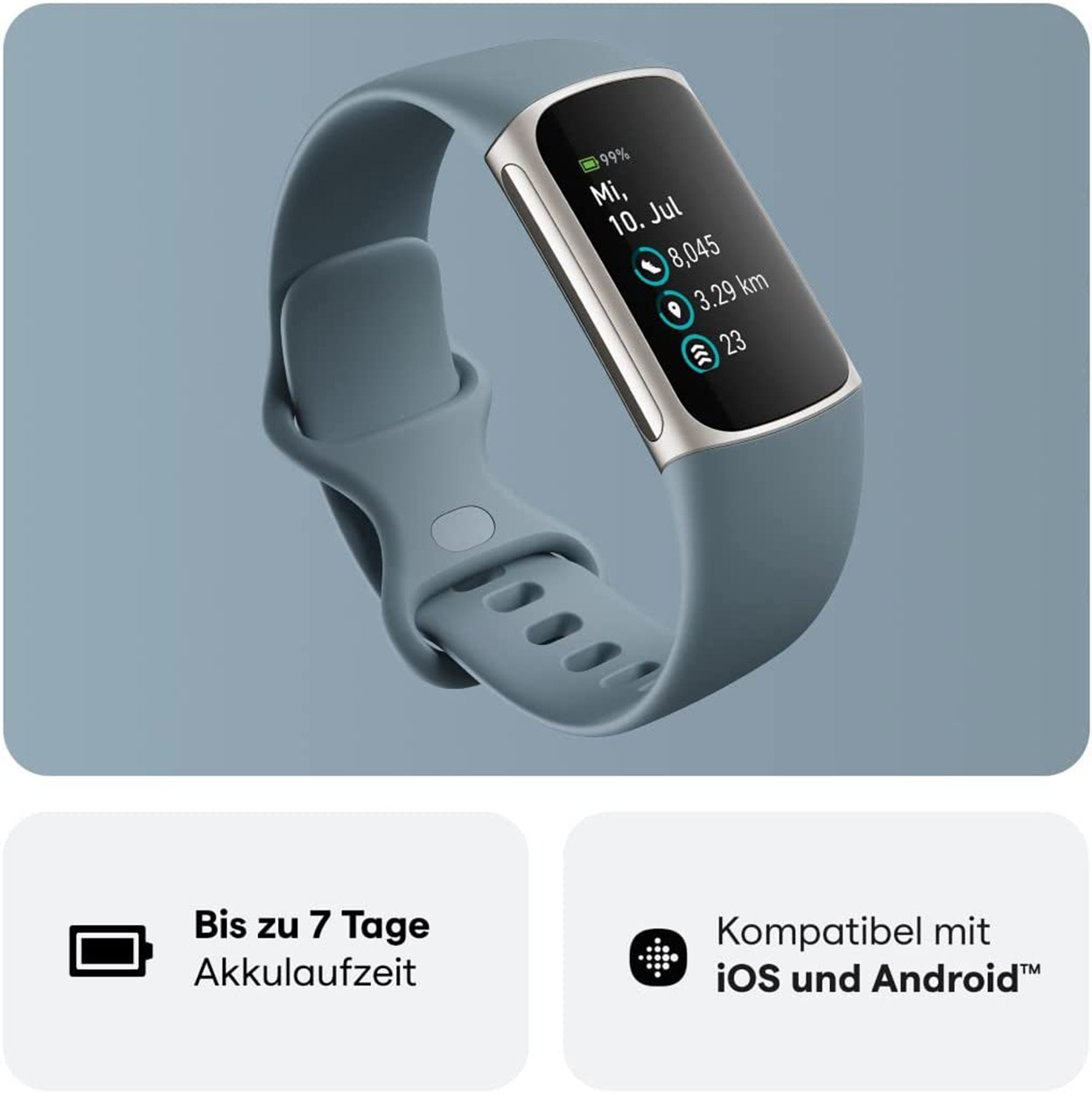Eine blaue Smartwatch mit einem Display, das Zeit, Schritte und Akku anzeigt.