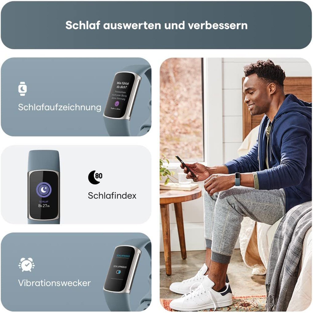 Mann benutzt Smartwatch. Schlafdaten werden angezeigt. Grafiken und Text zum Schlaftracking.
