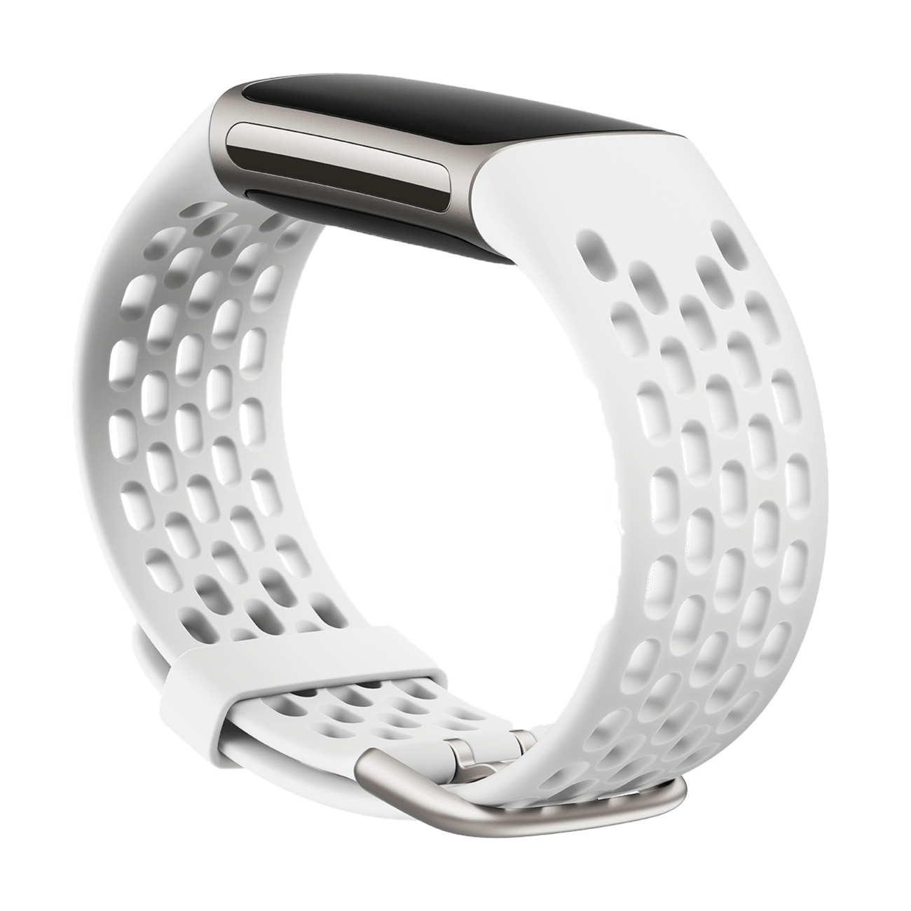 Weißes Uhrenarmband. Weißes Silikonband mit Löchern. Silberschnalle und schwarzes Displayende.
