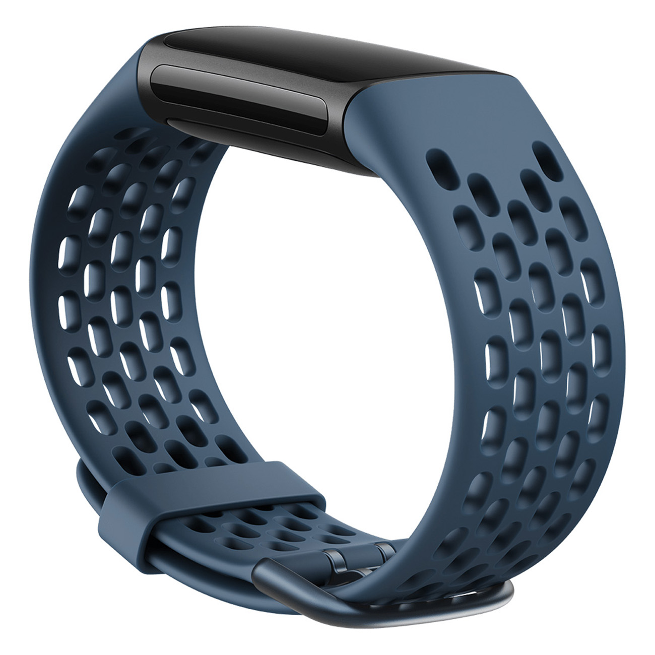 Ein blaues Sportuhrenarmband mit einem schwarzen Verbinder.