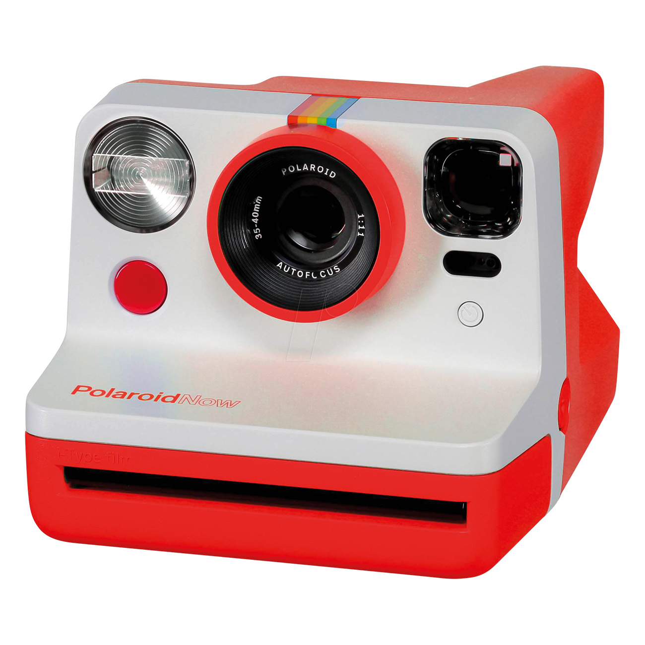 Czerwono-biały aparat natychmiastowy Polaroid Now, z tęczowym paskiem i widocznym obiektywem.