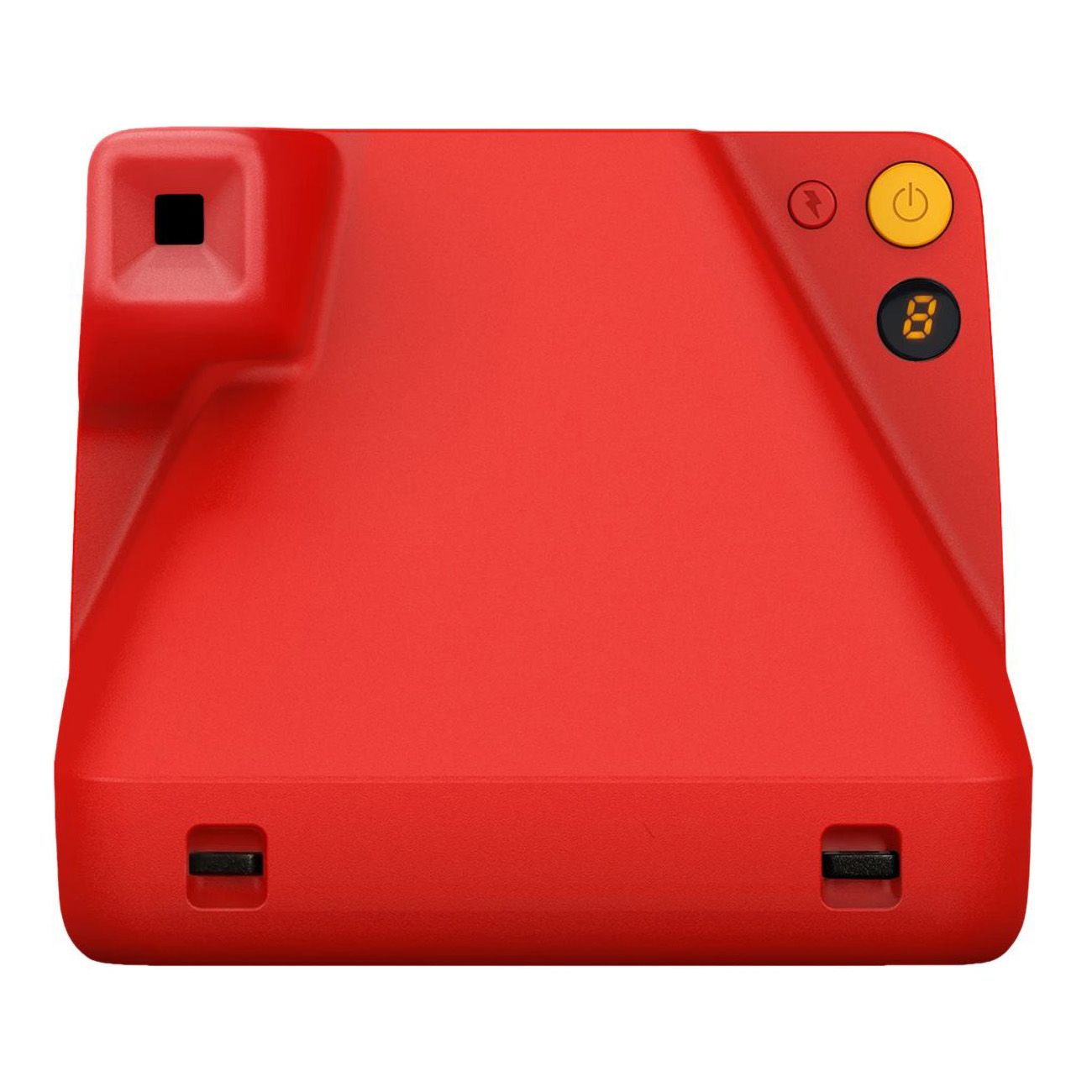 Czerwony aparat natychmiastowy z lampą błyskową i przyciskiem zasilania. Obiektyw jest po lewej stronie u góry.