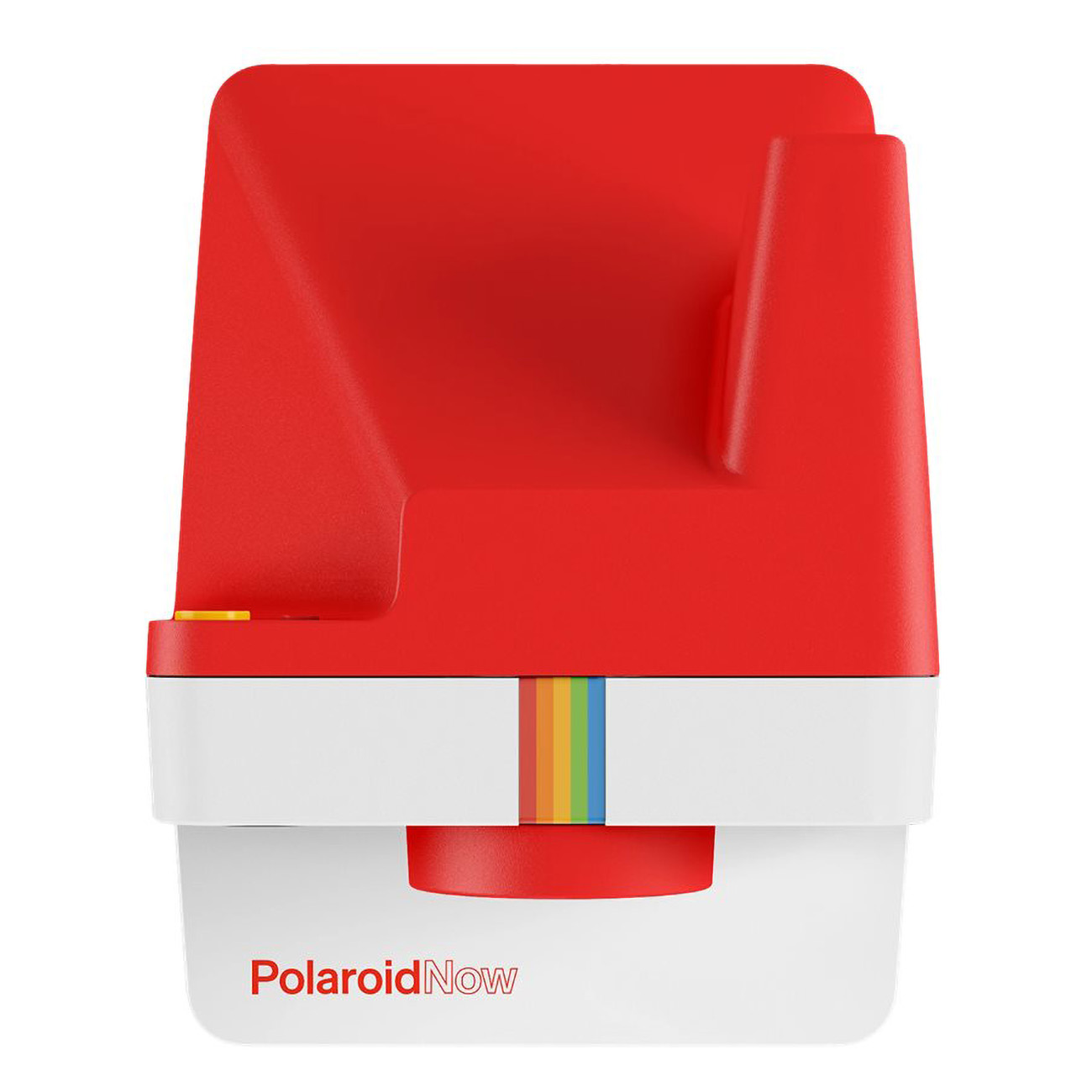 Czerwony i biały aparat natychmiastowy Polaroid Now. Przód ma tęczowy pasek i napis Polaroid Now.