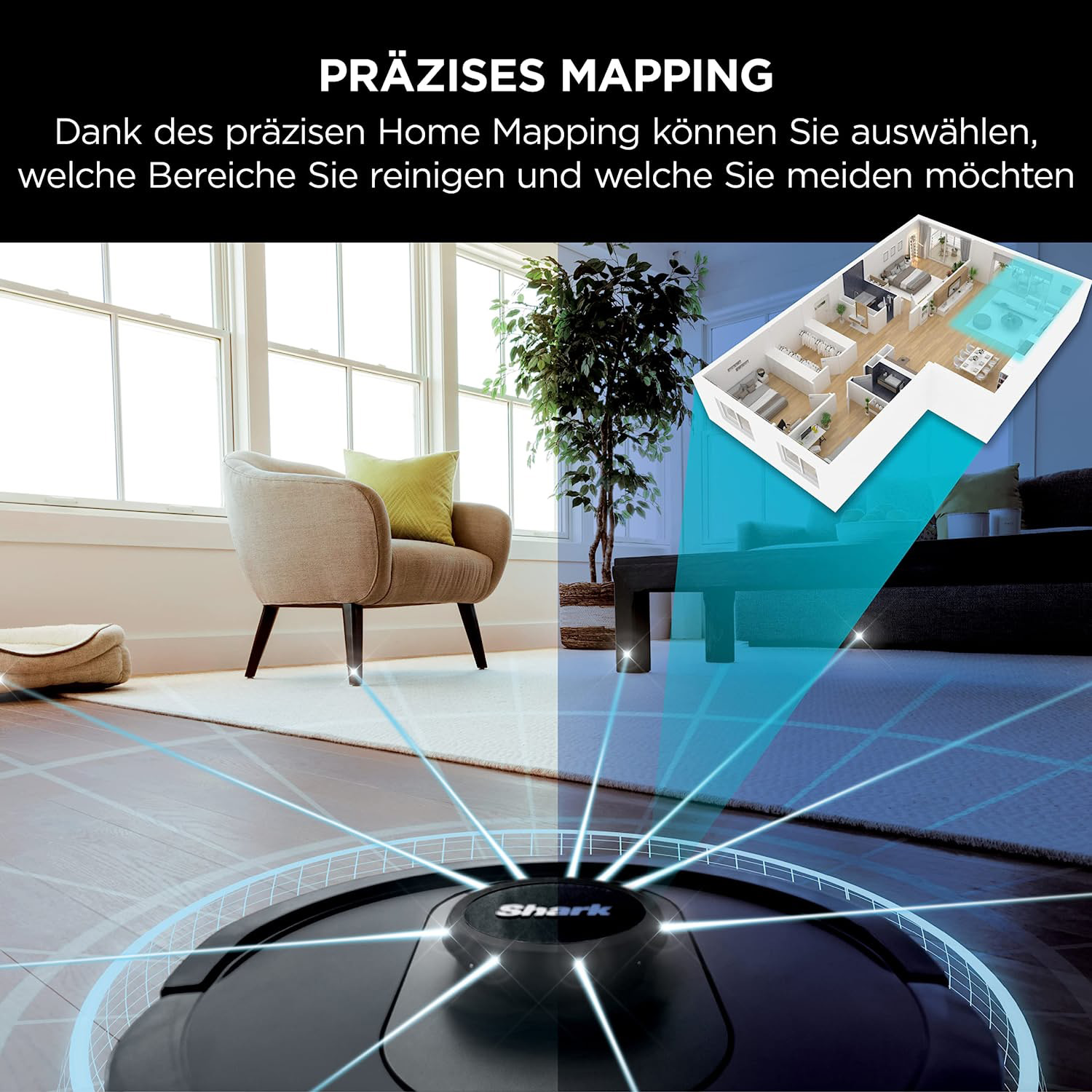 Robot sprzątający mapujący dom. Rzut mieszkania jest nałożony na układ domu.