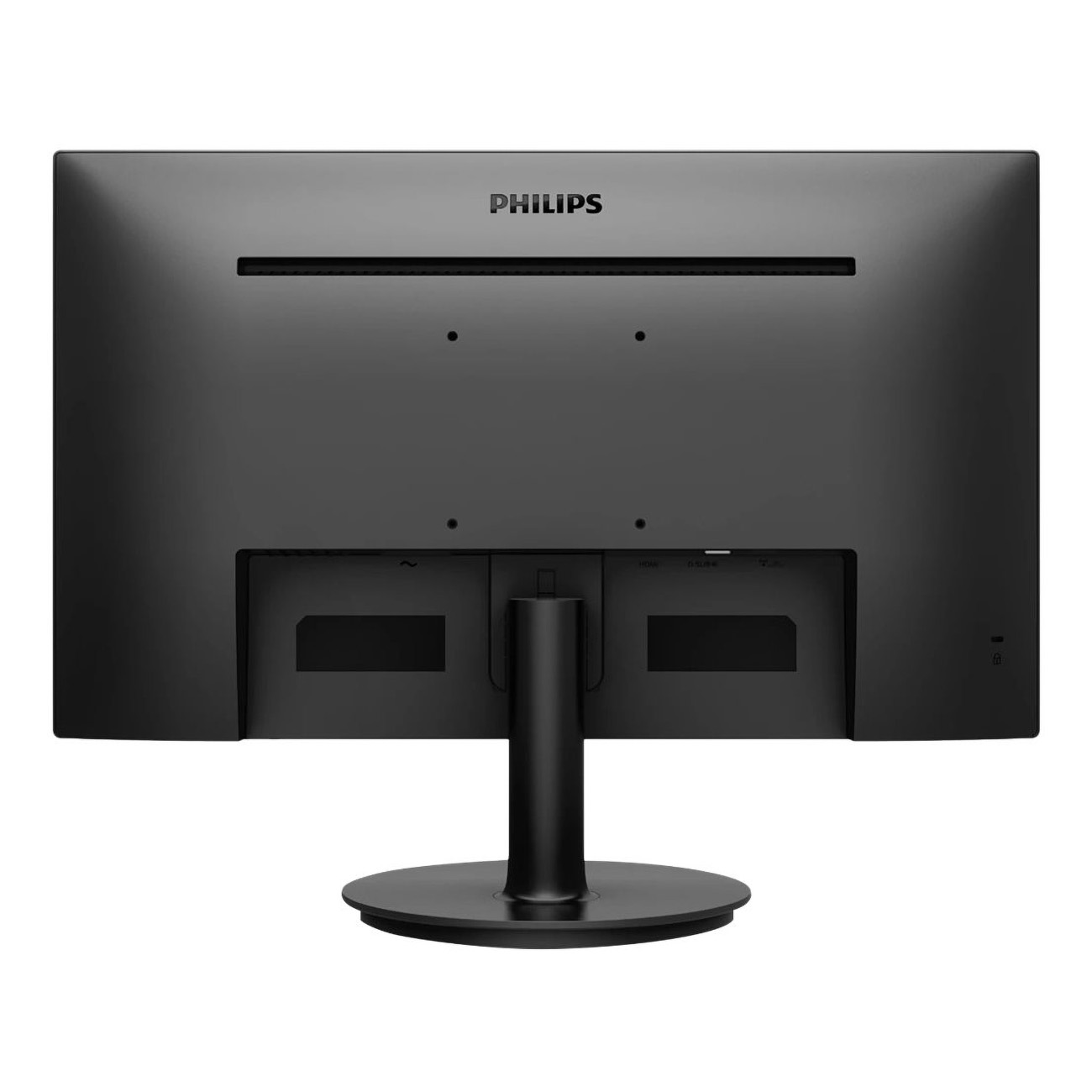 Il retro di un monitor per computer nero con il logo Philips. È su sfondo bianco.