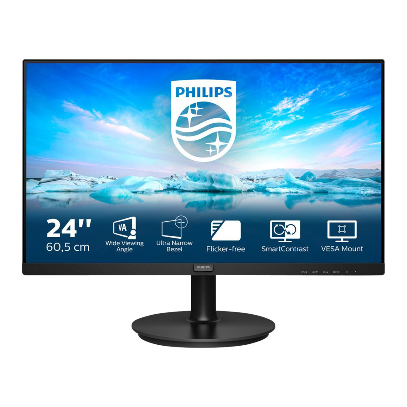 Monitor Philips da 24 pollici con testo: ampio angolo di visione, cornice ultra sottile, senza sfarfallio, attacco VESA.