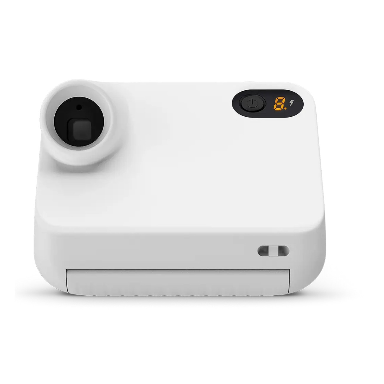 Biały aparat natychmiastowy pokazany z przodu, z czarnym obiektywem i wyświetlaczem cyfrowym.