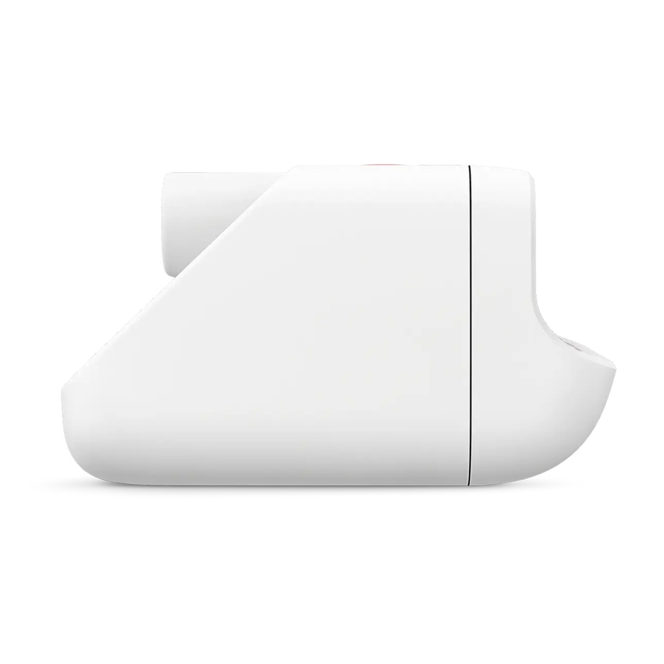 Biały aparat Polaroid, widok z boku. Ma czerwony przycisk i czarne detale linii.