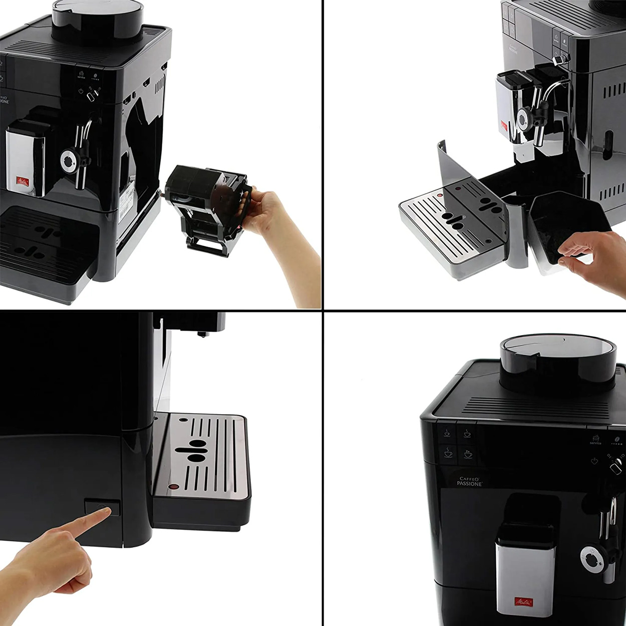 Czteropanelowy obraz czarnego ekspresu do kawy, pokazujący różne kąty i szczegóły komponentów.
