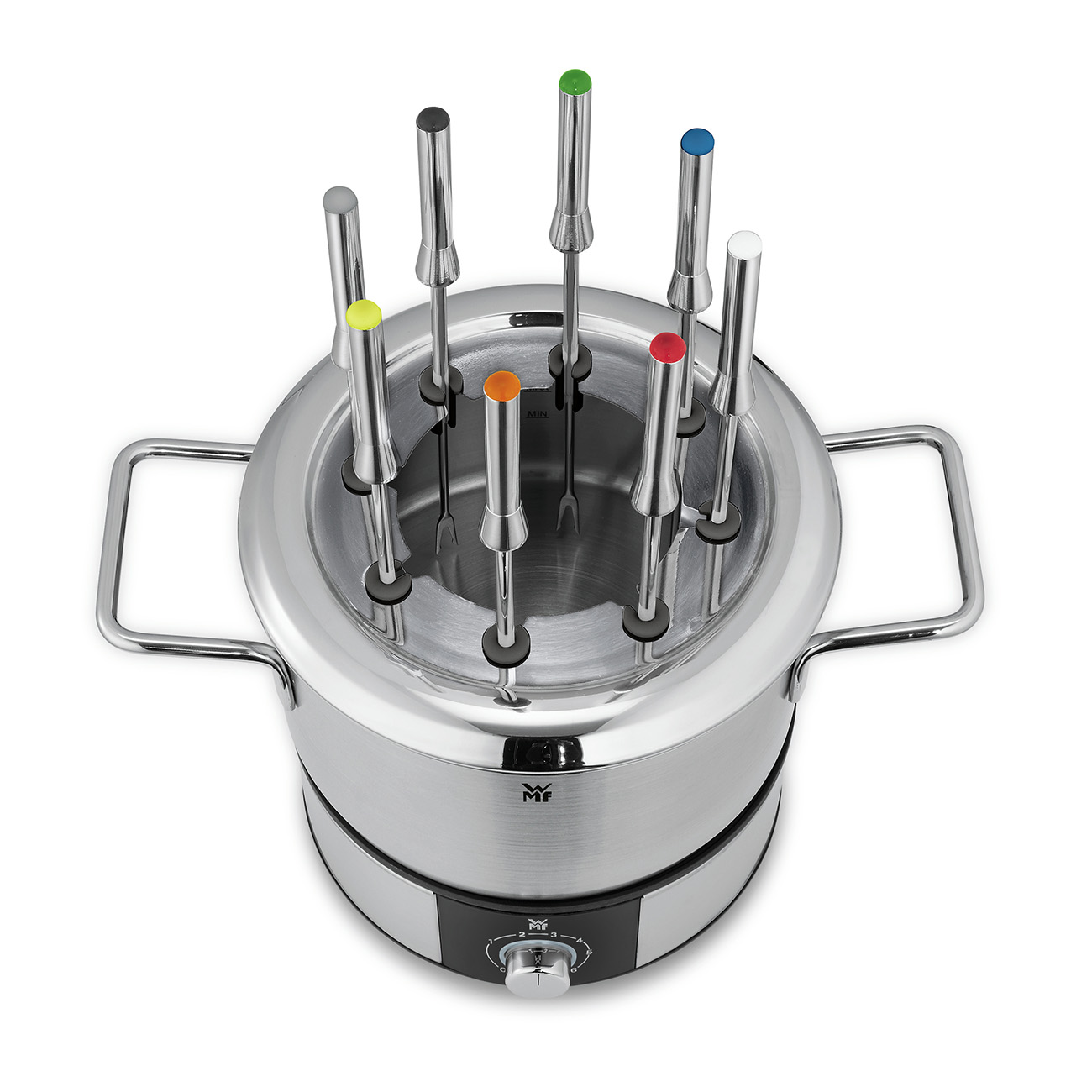 Garnek do fondue ze stali nierdzewnej z widelcami. Widelce są kolorowe.