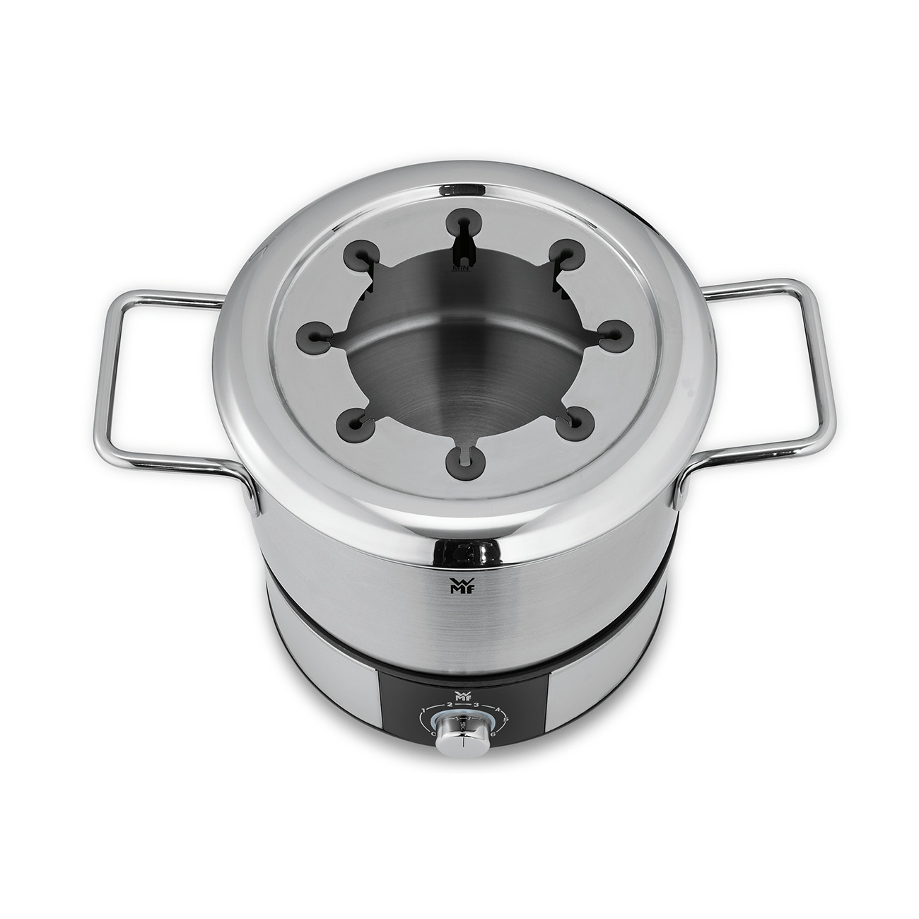 Garnek do fondue ze stali nierdzewnej z pokrywką i uchwytami, na białym tle.