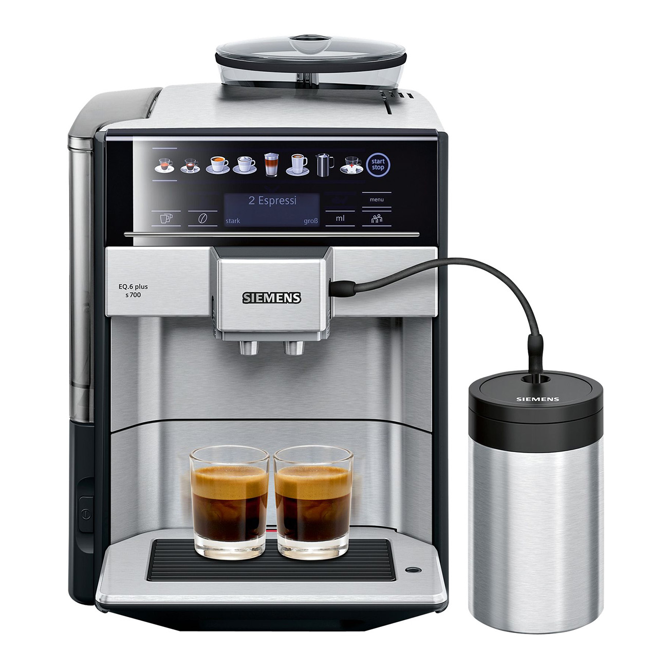A silver coffee machine with a digital display and two espresso shots.