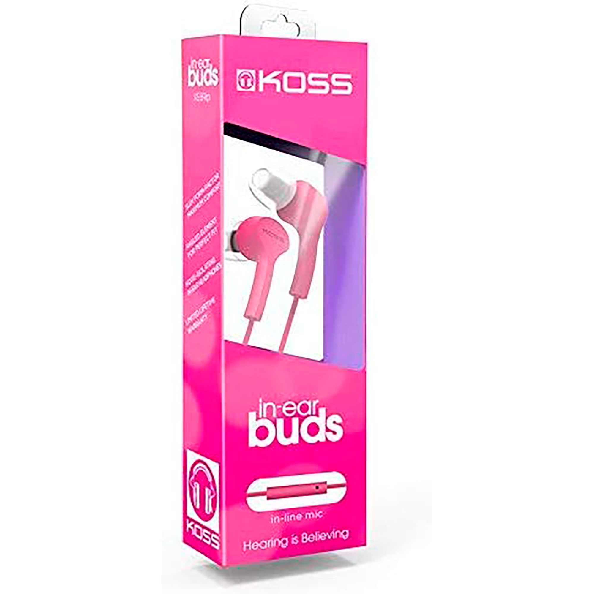 Embalaje rosa de auriculares KOSS. El embalaje muestra los auriculares y la información del producto.