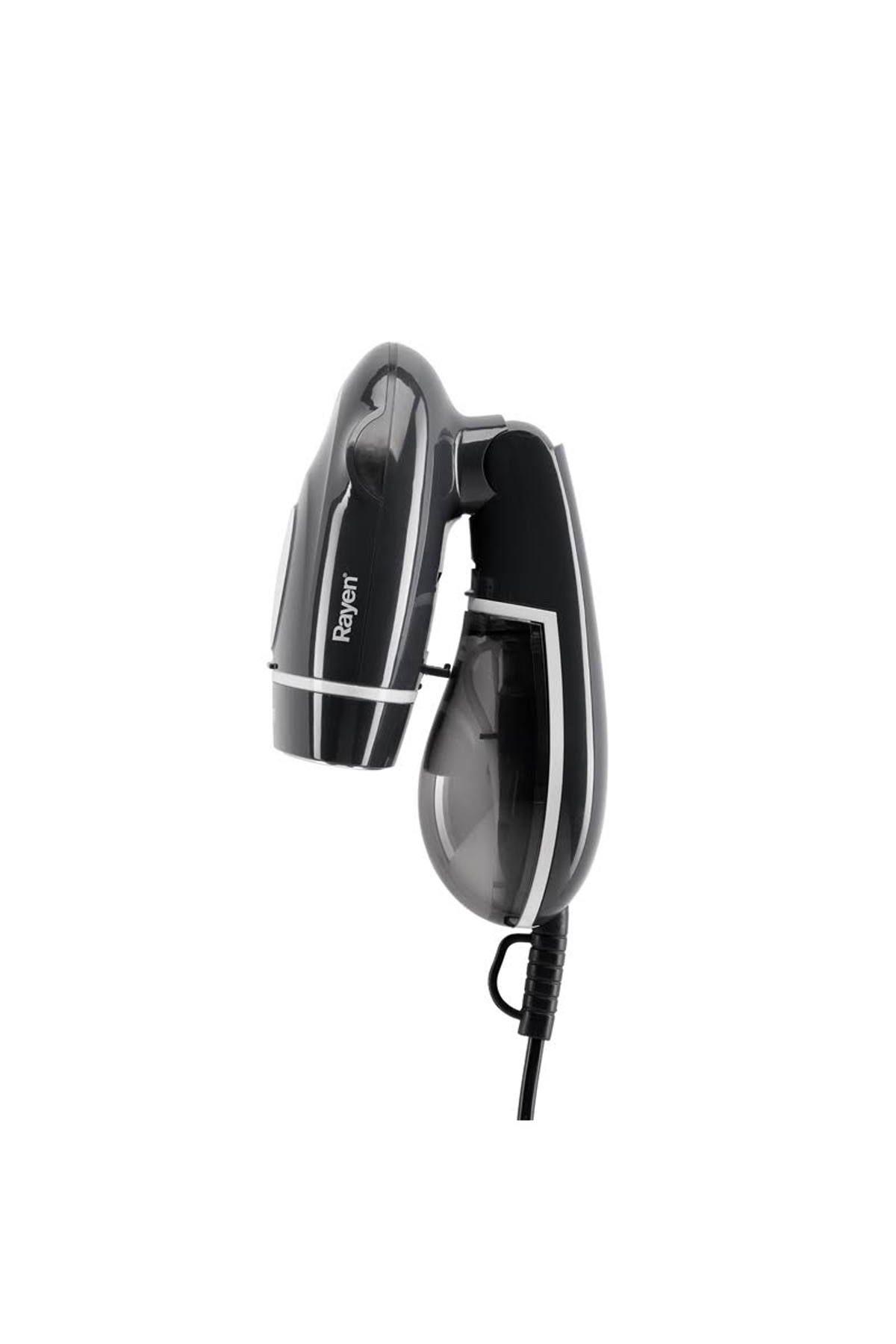 Vaporizzatore per indumenti portatile in bianco e nero su sfondo bianco.
