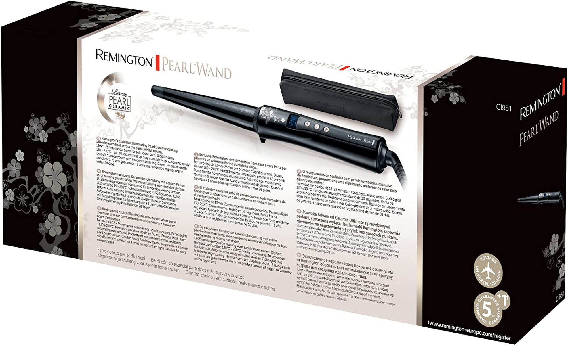 Scatola Remington Pearl Wand con testo, arricciacapelli e custodia nera.