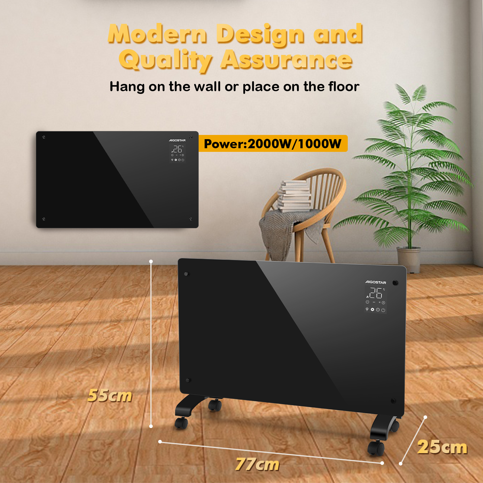 Calentador eléctrico negro con dimensiones y una habitación con silla y planta.