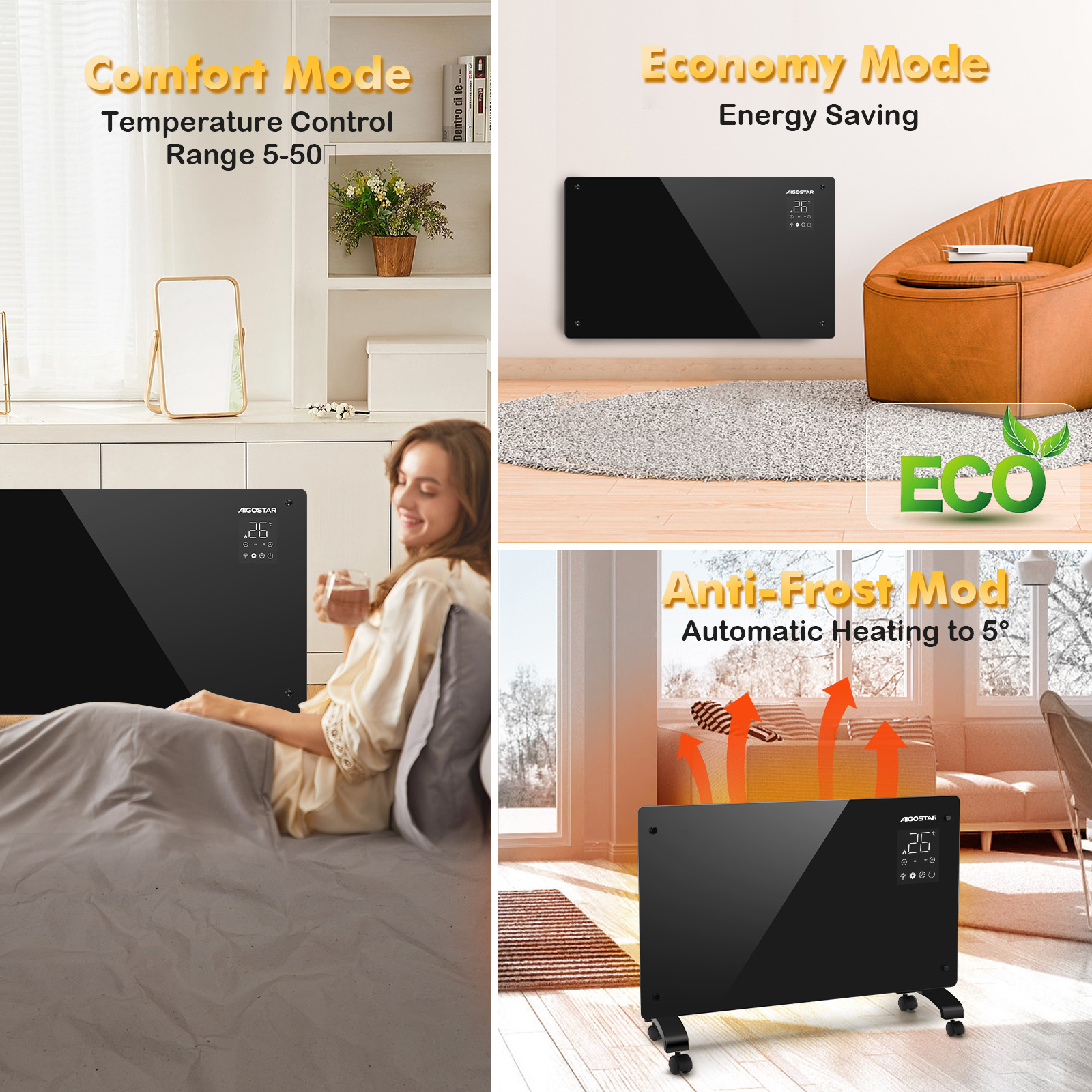 Imágenes de un calefactor negro en diferentes modos: Confort, Economía, y Anti-Hielo.