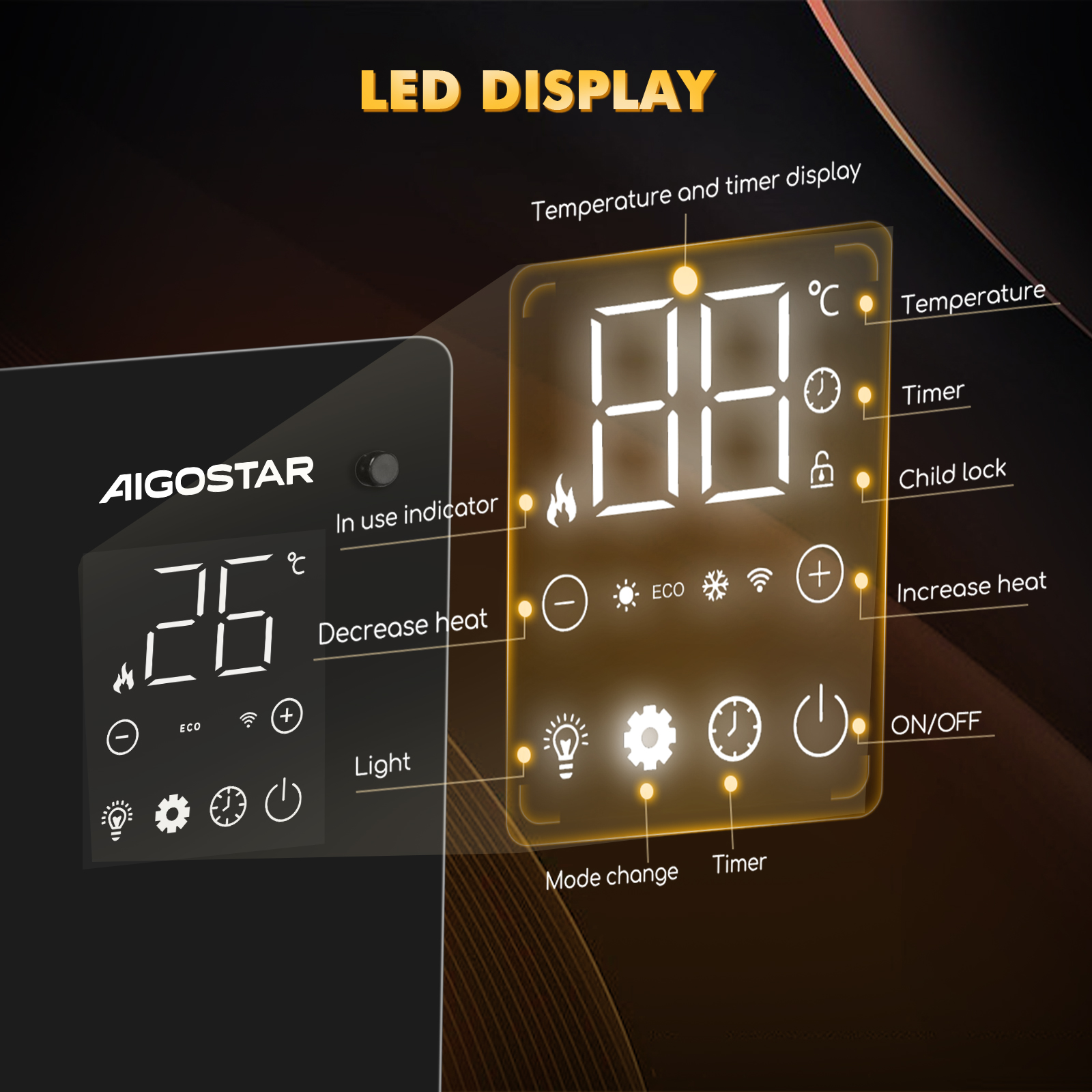 Primer plano de una pantalla digital en un calentador, que muestra temperatura, temporizador y opciones.