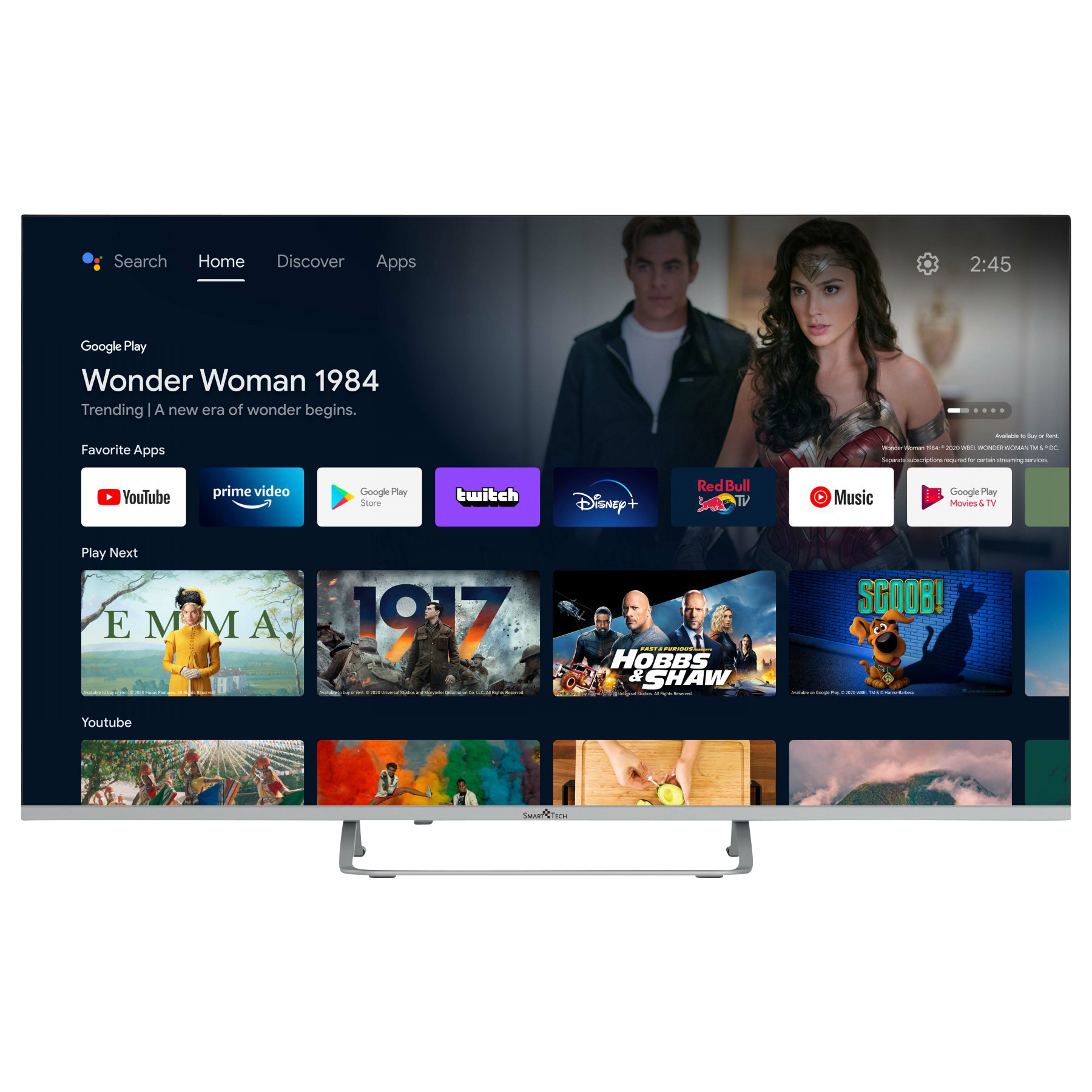 Ekran telewizora z interfejsem Google Play i plakatami filmowymi. Tło: Wonder Woman.