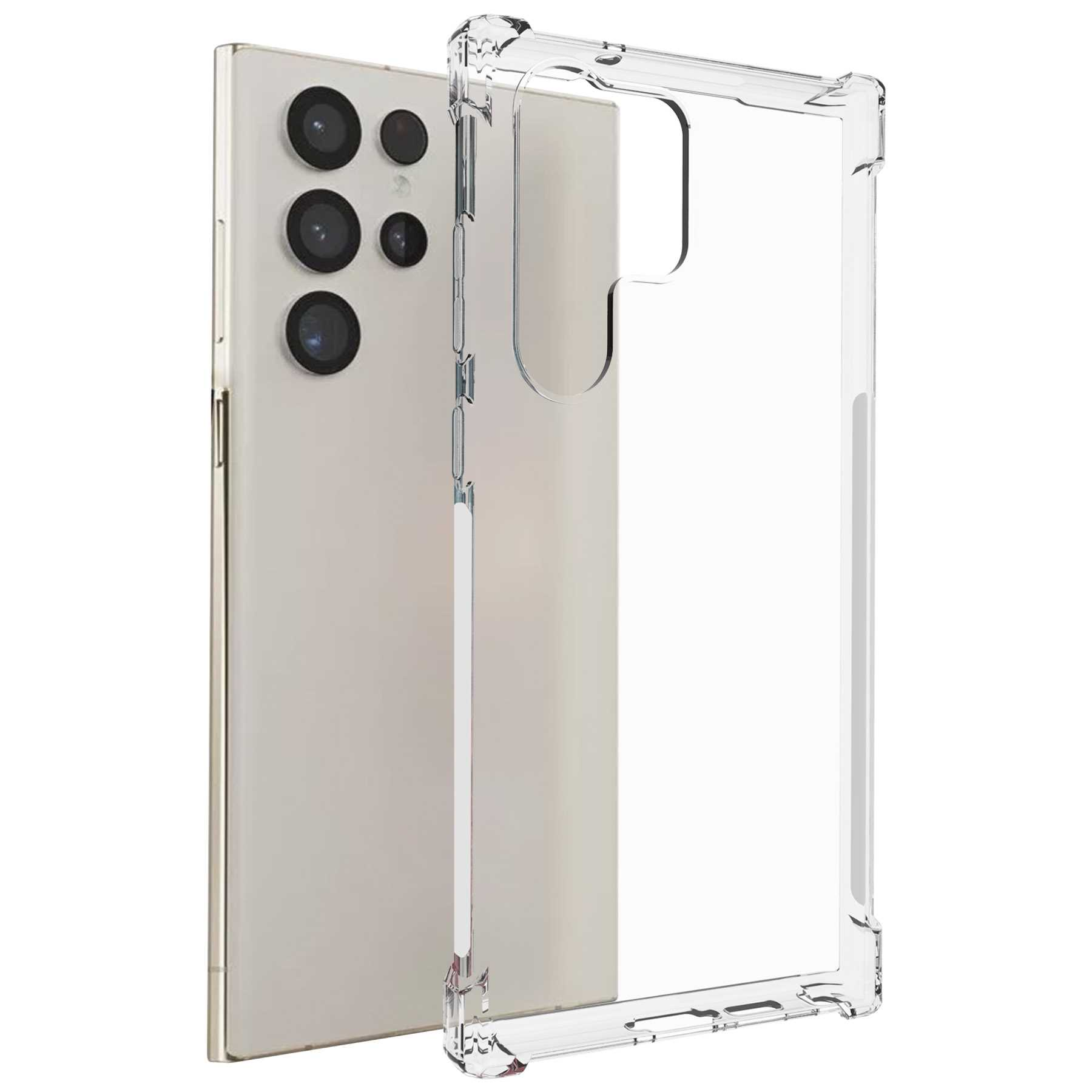 Eine transparente Schutzhülle und ein goldenes Telefon mit mehreren Kameras.