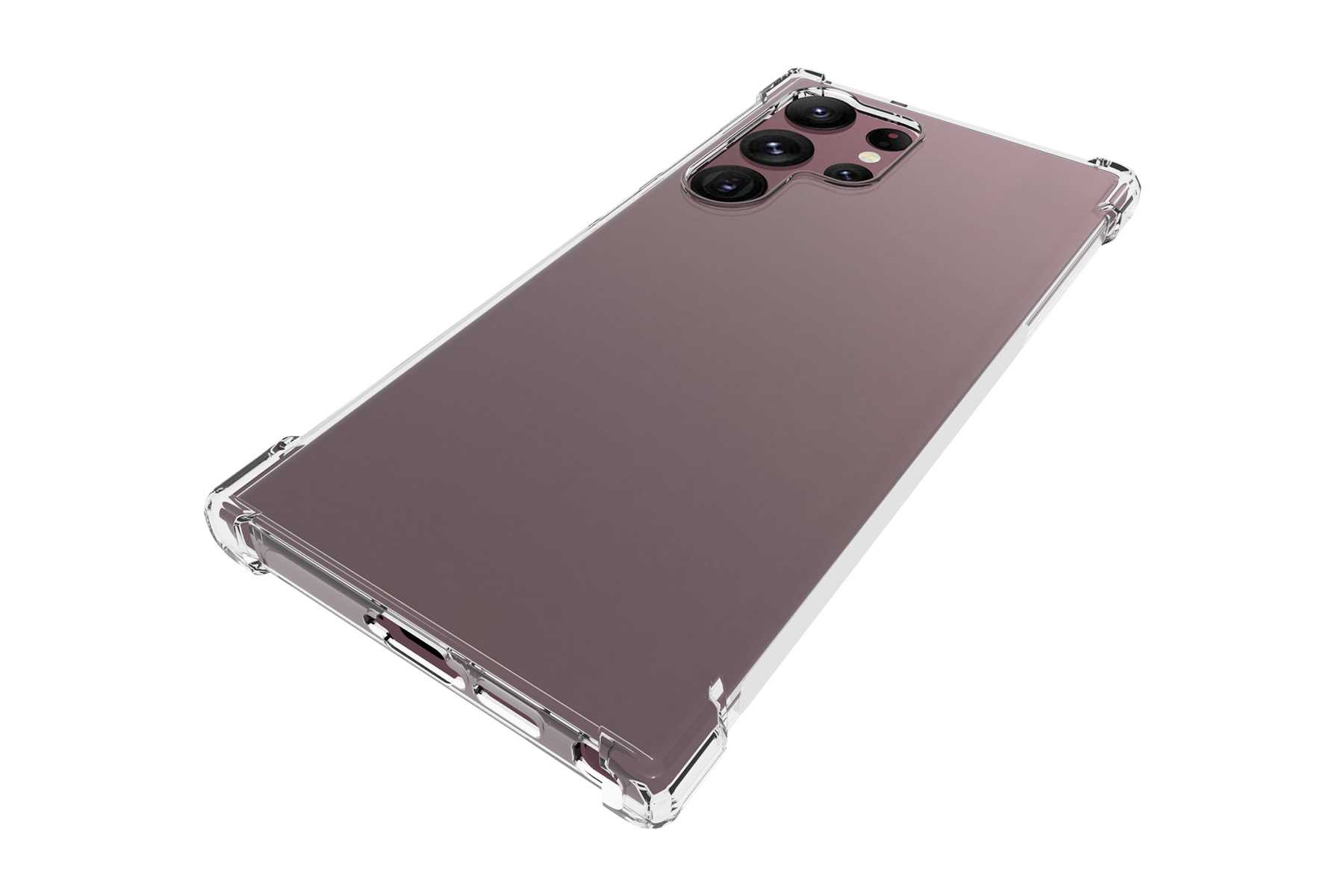 Transparente Handyhülle auf einem hellvioletten Telefon. Transparente Kanten. Weißer Hintergrund.