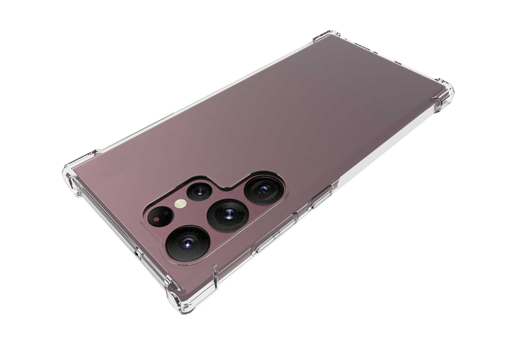 Telefon mit transparenter Hülle. Es hat eine Dreifachkamera und eine lila Rückseite.