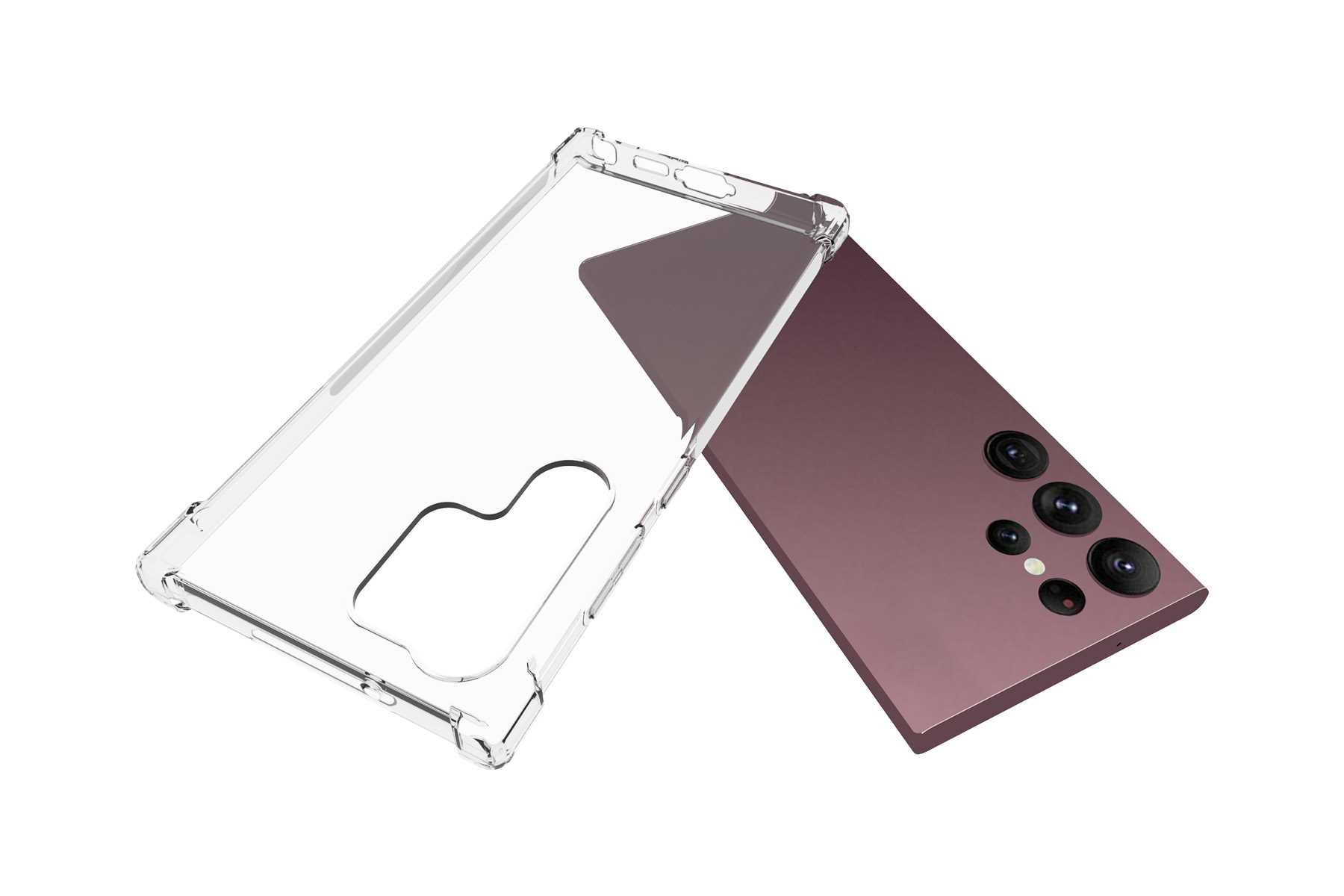 Eine durchsichtige Handyhülle neben einem lila Telefon. Die Hülle ist links, das Telefon rechts.