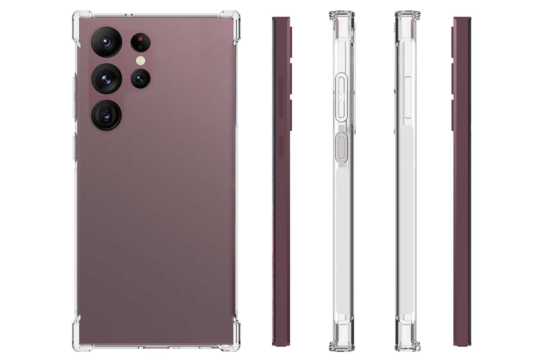 Handyhüllen-Set: Telefon in Hülle, Seitenansicht, zwei leere Hüllen, transparent und lila.