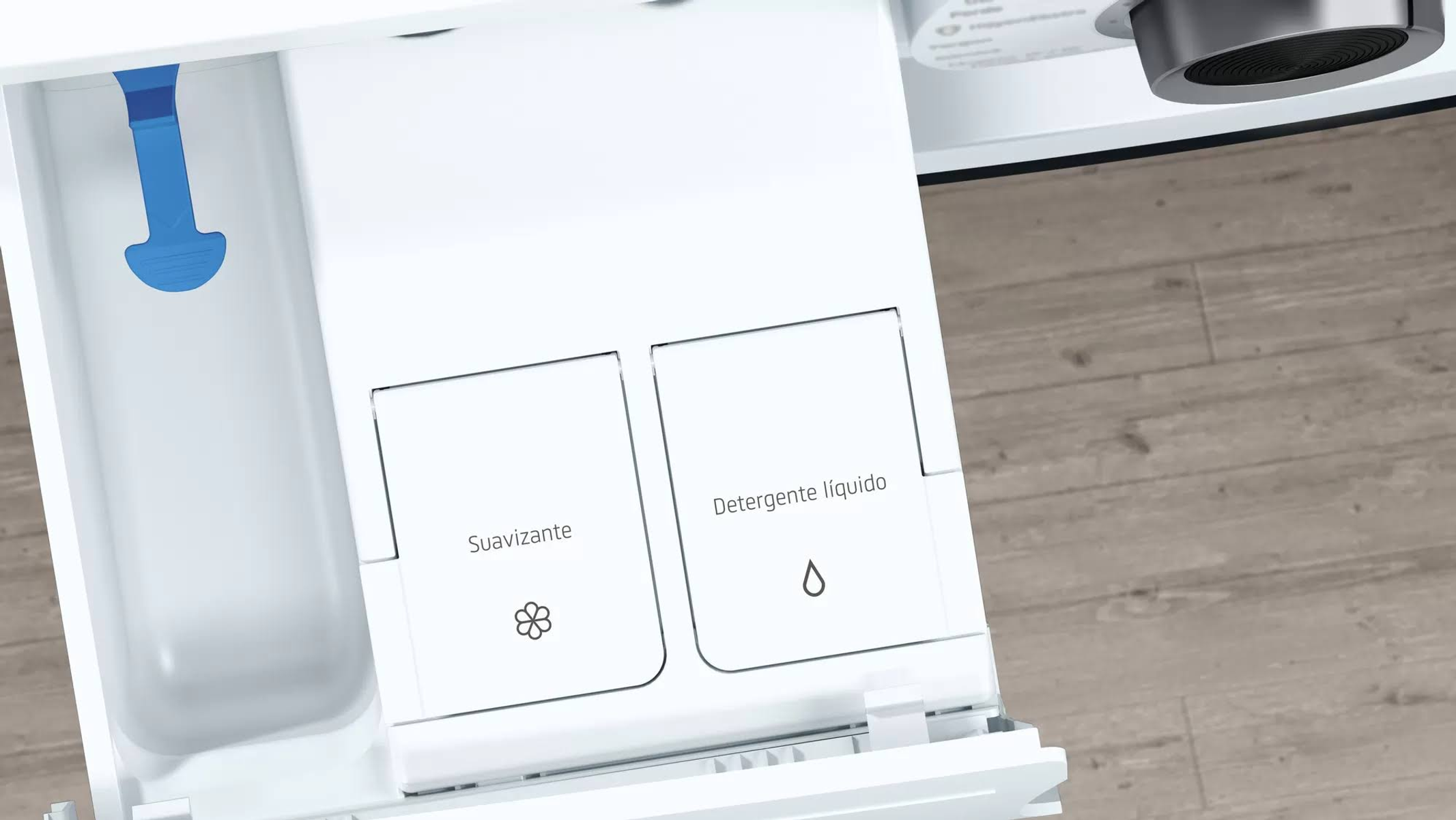 Cajón de lavadora con compartimentos para suavizante y detergente líquido.