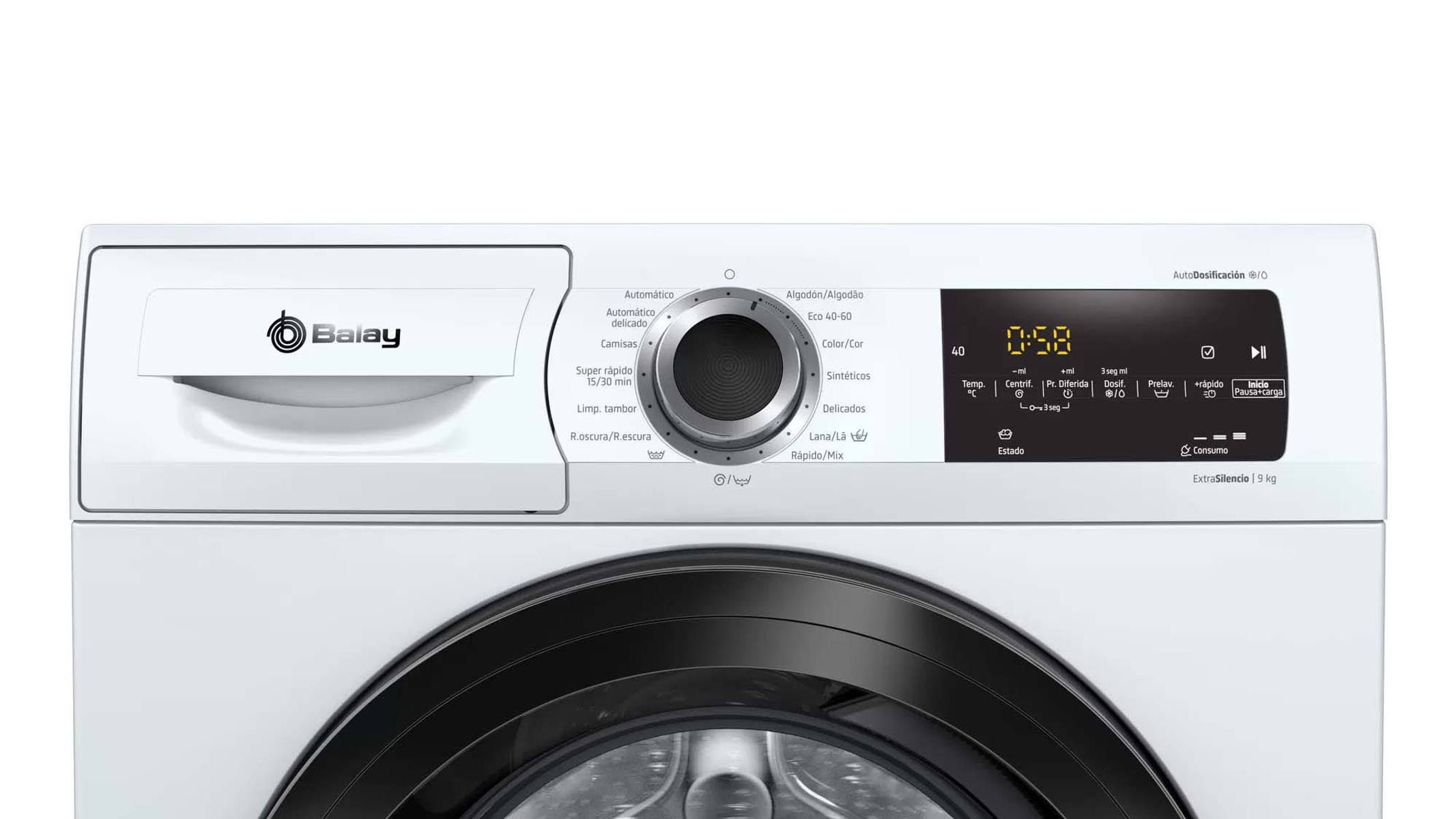 Panel de control de lavadora blanca que muestra la configuración. Muestra tiempo, temperatura y opciones de lavado.