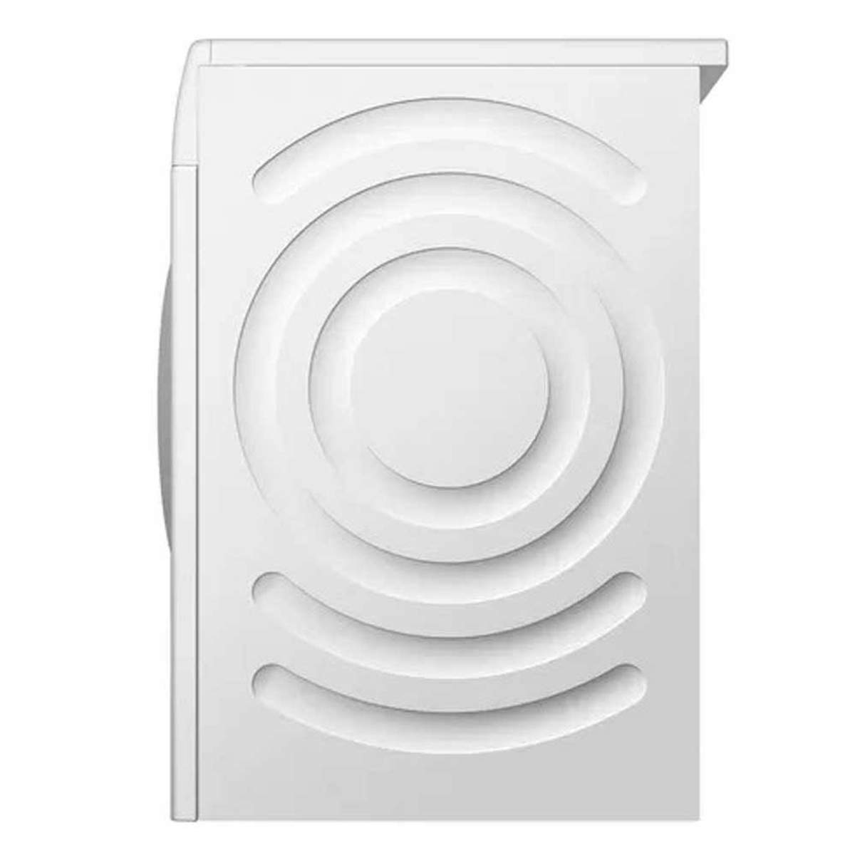 Una lavadora blanca, vista lateral. Tiene un diseño moderno con patrones circulares concéntricos.