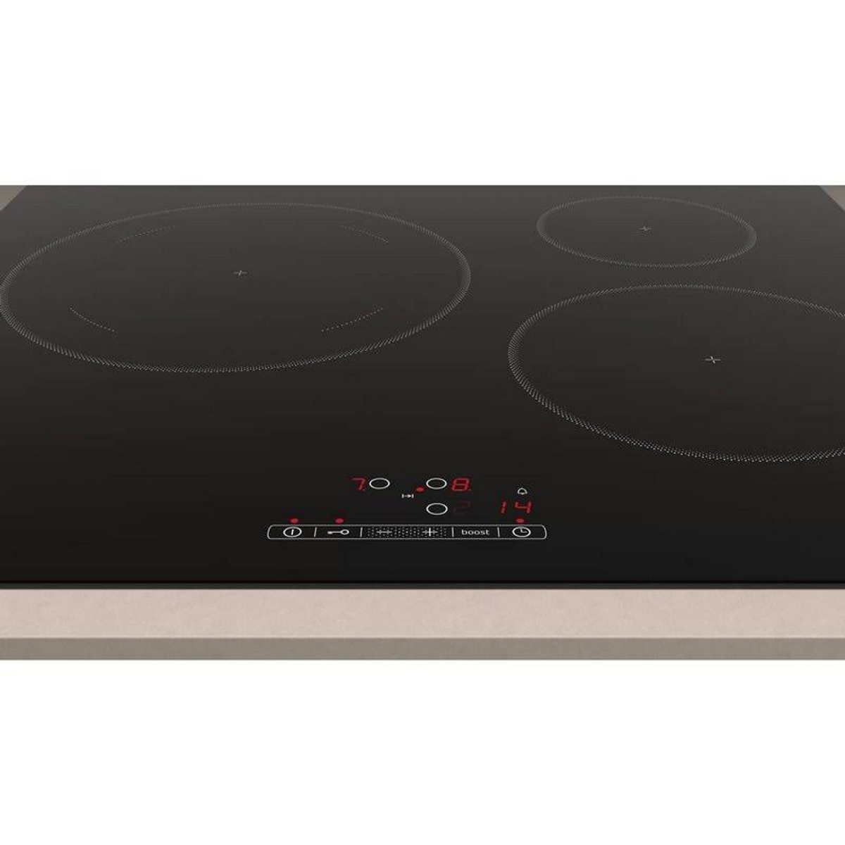 Czarna płyta grzewcza z czterema palnikami i czerwonym wyświetlaczem.