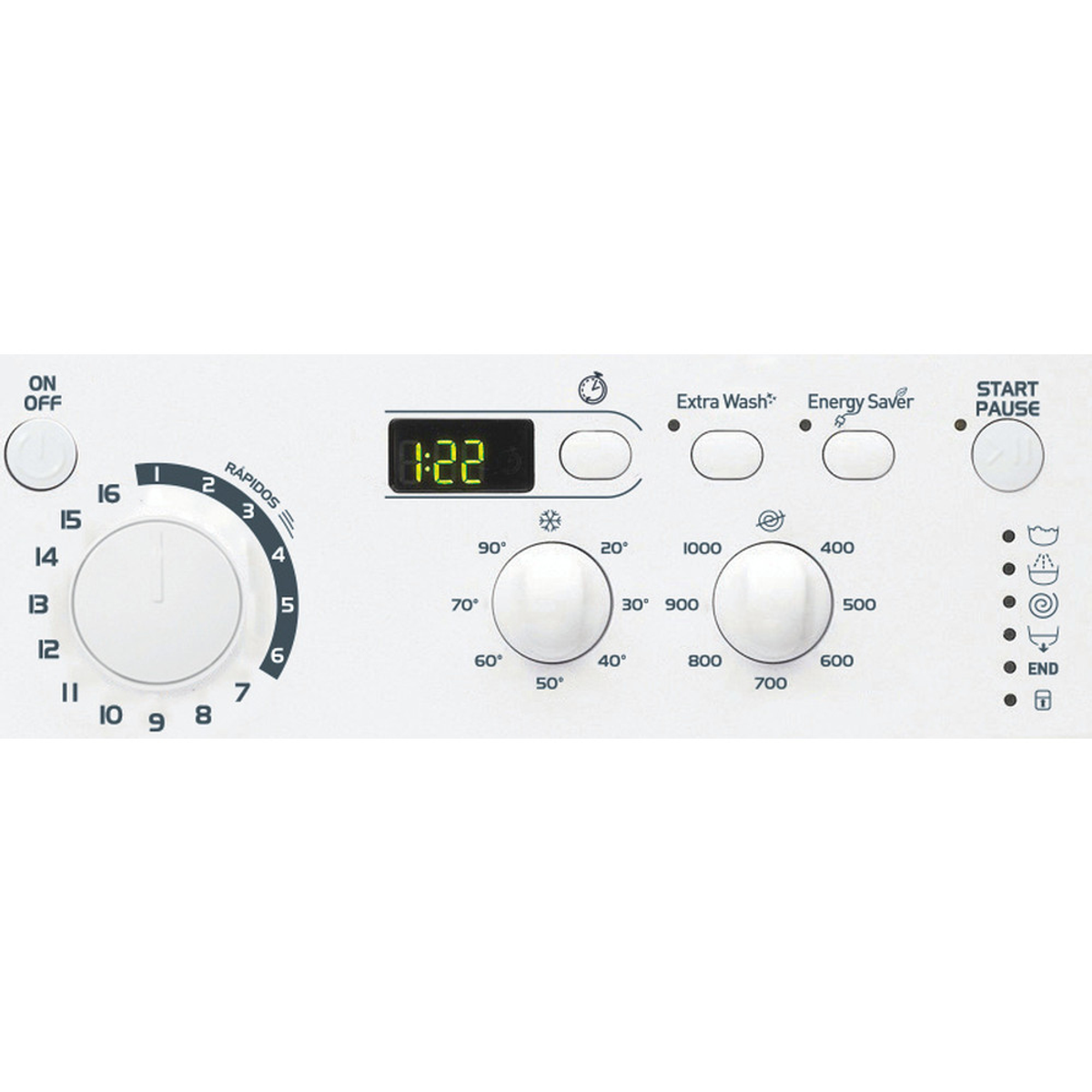 Panel de control de lavadora. El panel muestra botones y un dial para establecer opciones de lavado y tiempo.