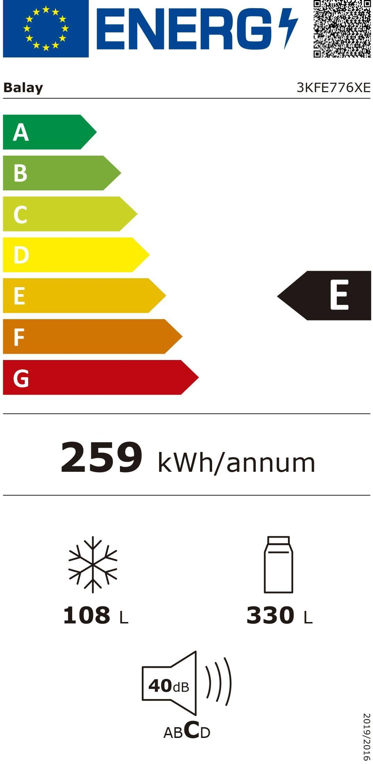 Una etiqueta energética para un frigorífico, que muestra la eficiencia energética, el nivel de ruido y la capacidad.