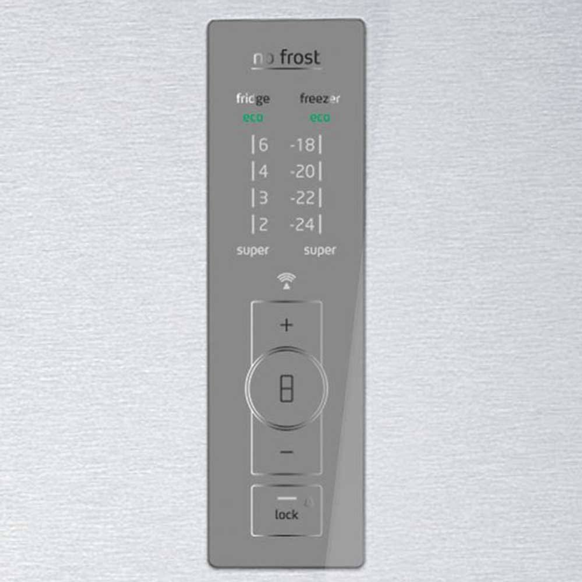 Panel de control del refrigerador. Gris con botones y visualizaciones de temperatura.