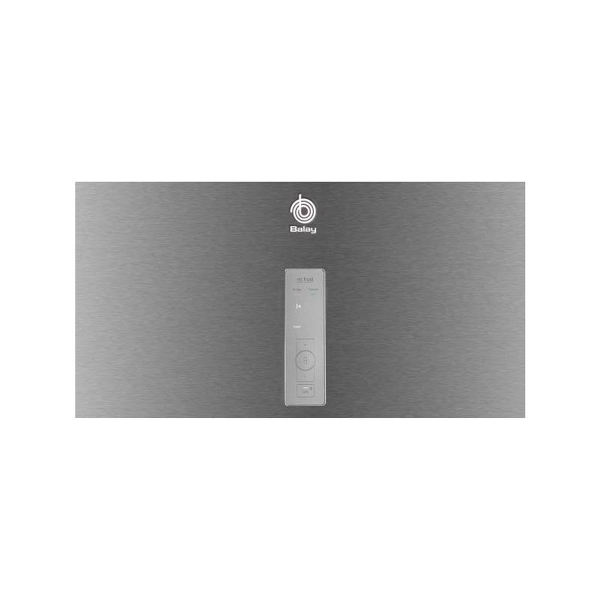 Puerta de frigorífico de acero inoxidable con un pequeño panel de control en la parte inferior. Logotipo de Balay arriba.