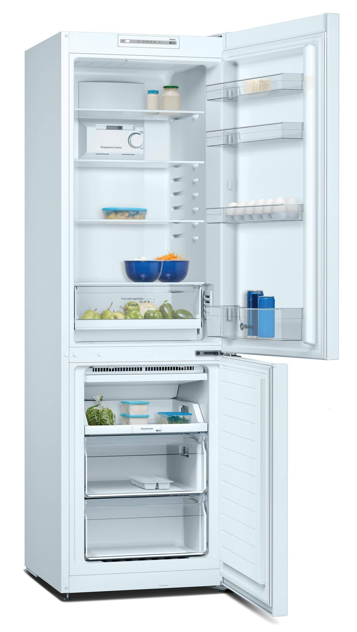 Refrigerador blanco con puertas abiertas, mostrando estantes, cajones y alimentos.