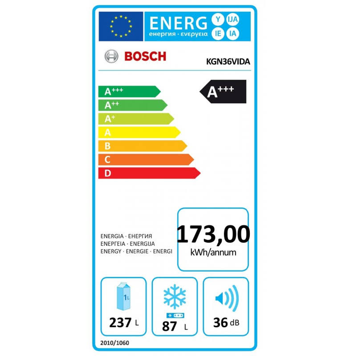 Etykieta energetyczna dla lodówki Bosch. Szczegóły obejmują zużycie energii i pojemność.