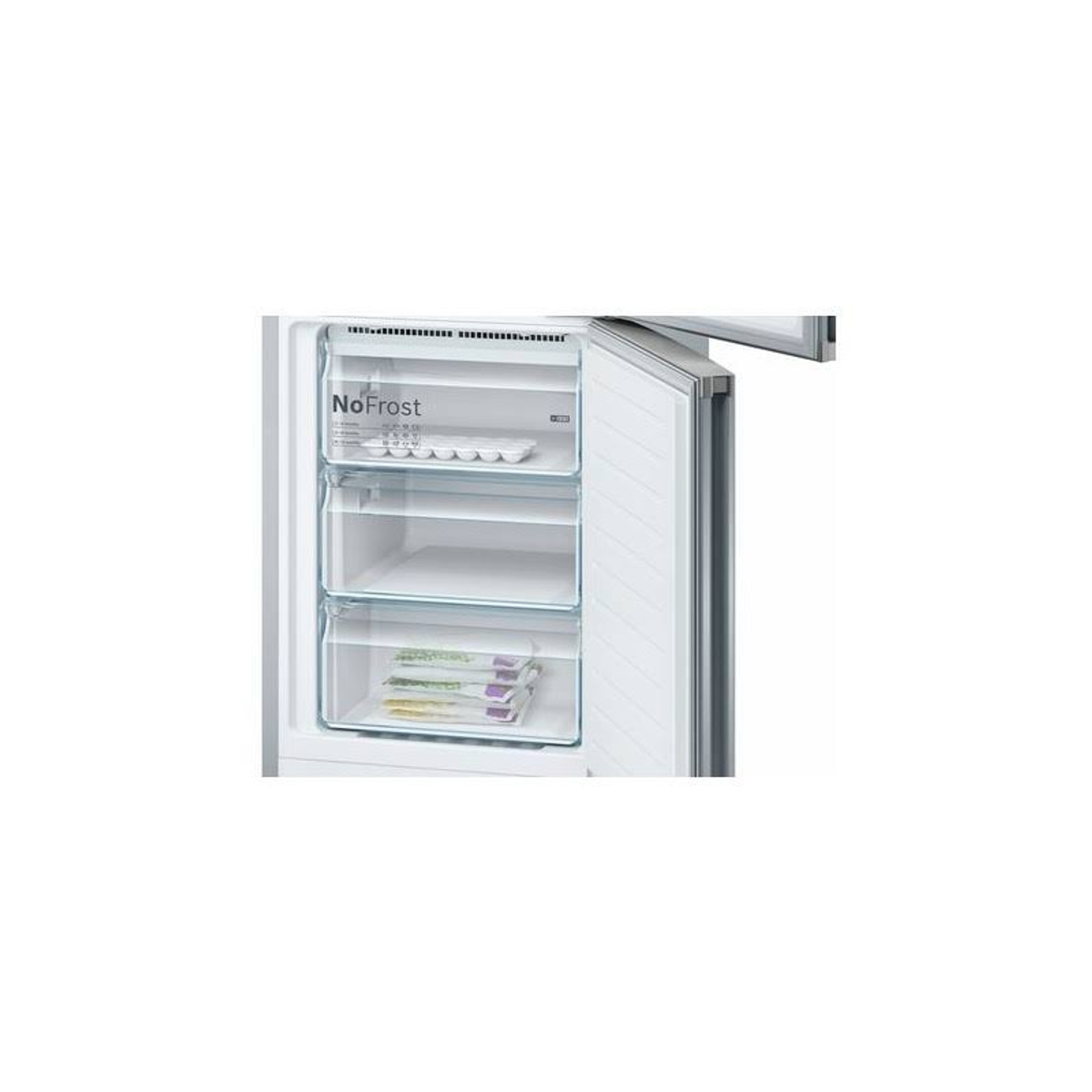 Komora zamrażarki z trzema szufladami i półką 'NoFrost'.