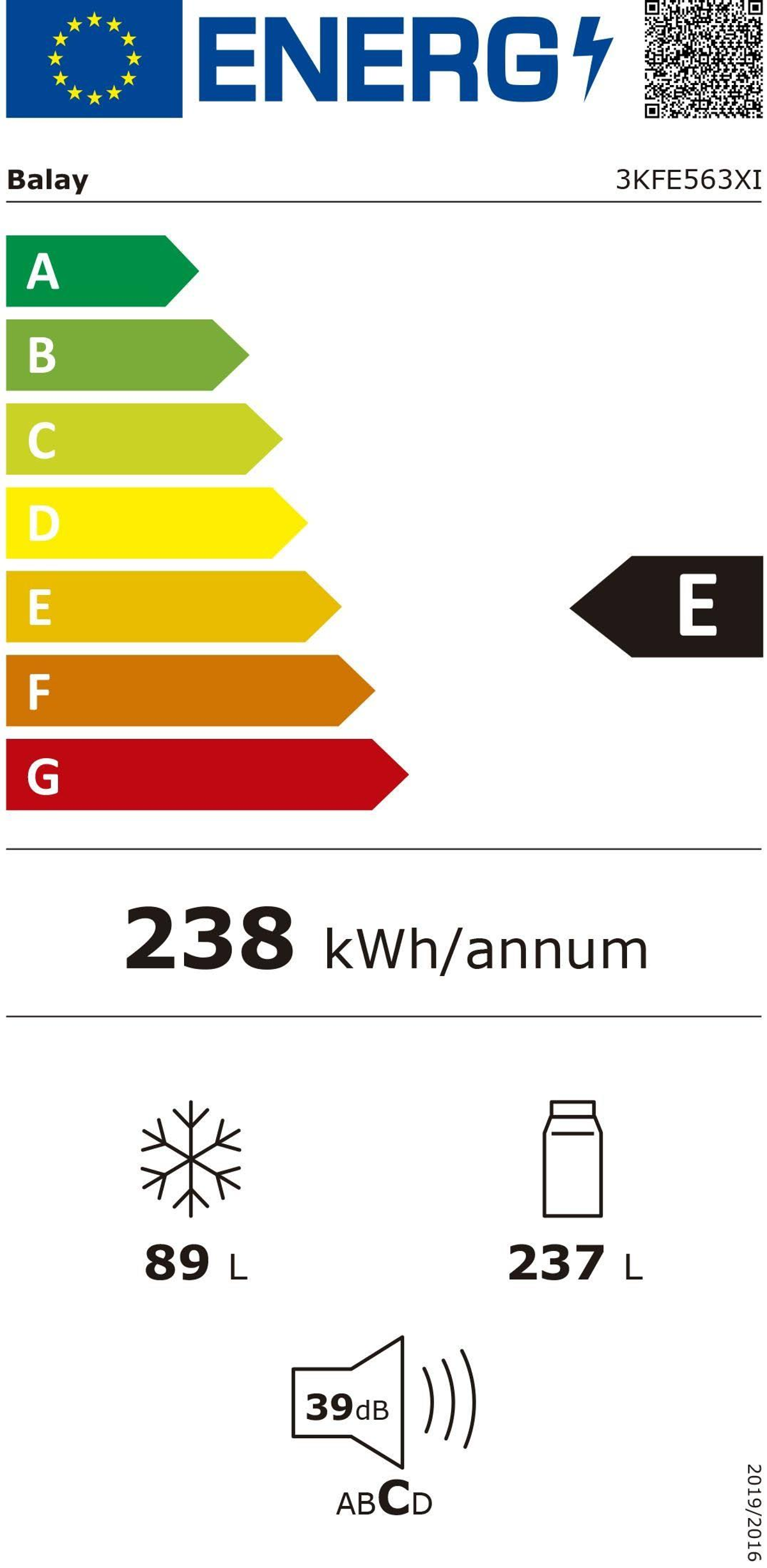 Etiqueta de eficiencia energética para un refrigerador. Muestra consumo, volumen y nivel de ruido.