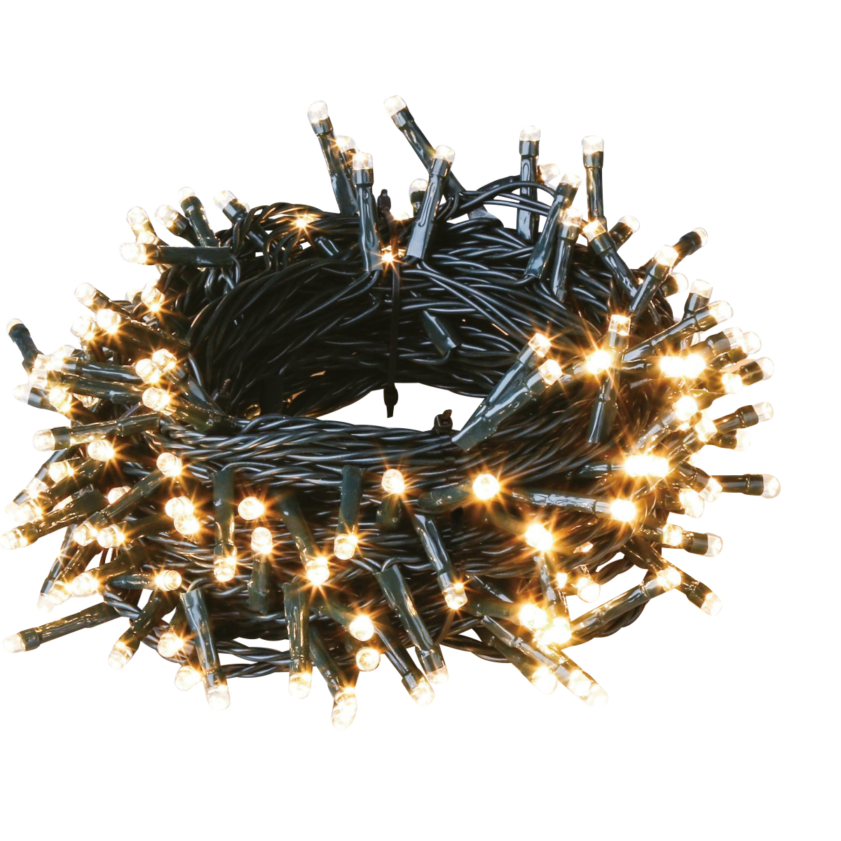 Un fascio di luci a stringa con fili neri con piccole lampadine LED bianco caldo è avvolto su uno sfondo scuro.