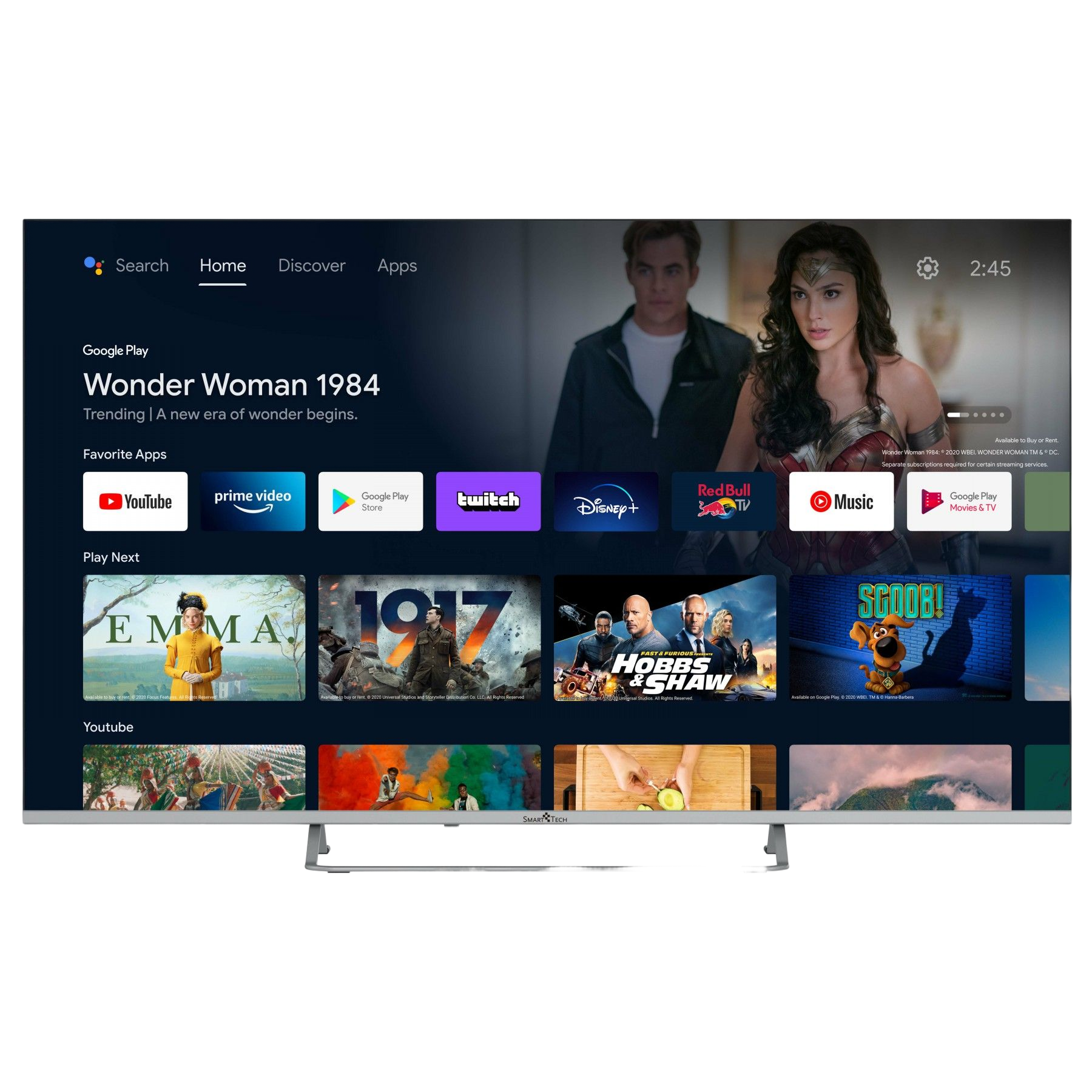 Ekran telewizora wyświetlający Sklep Google Play i aplikacje filmowe z gwiazdami filmowymi.