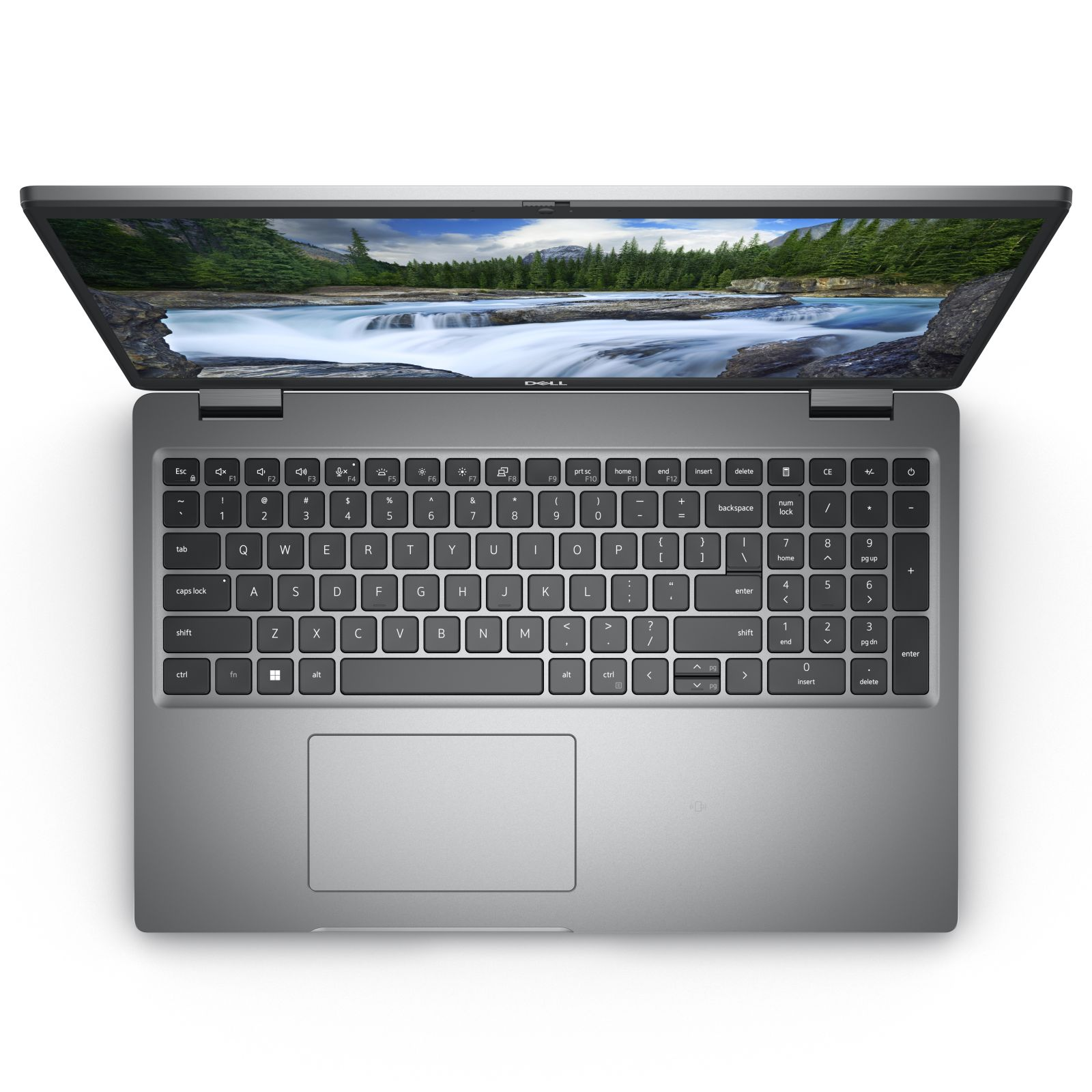 Ein geöffneter Laptop mit Tastatur und Bildschirm, der eine Naturszene zeigt.