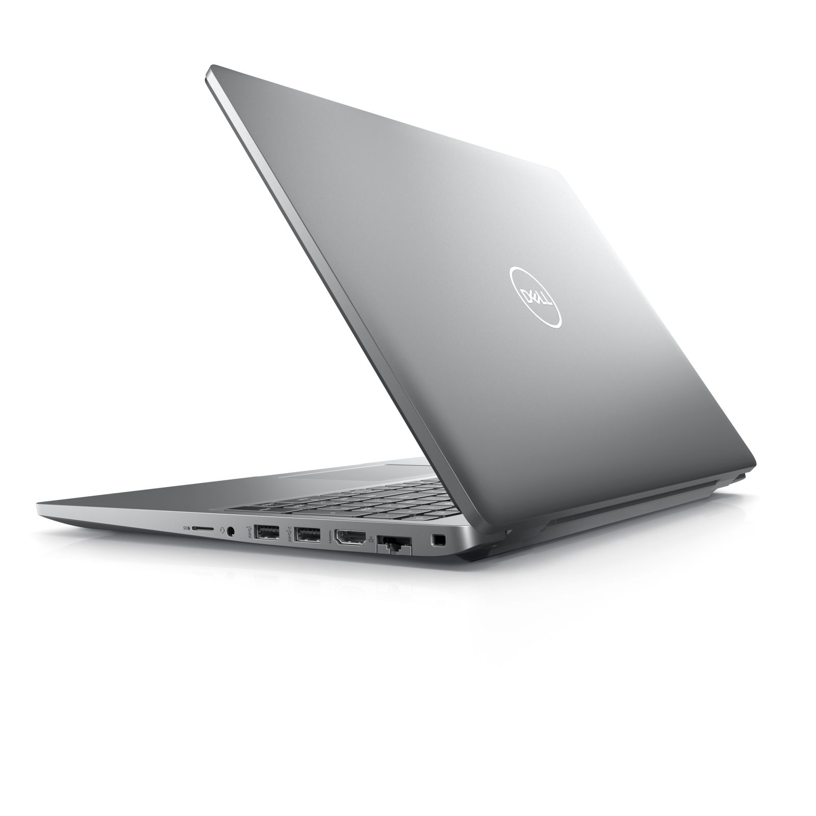 Silberner Laptop von der Seite. Der Bildschirm ist geschlossen. Dell-Logo darauf.