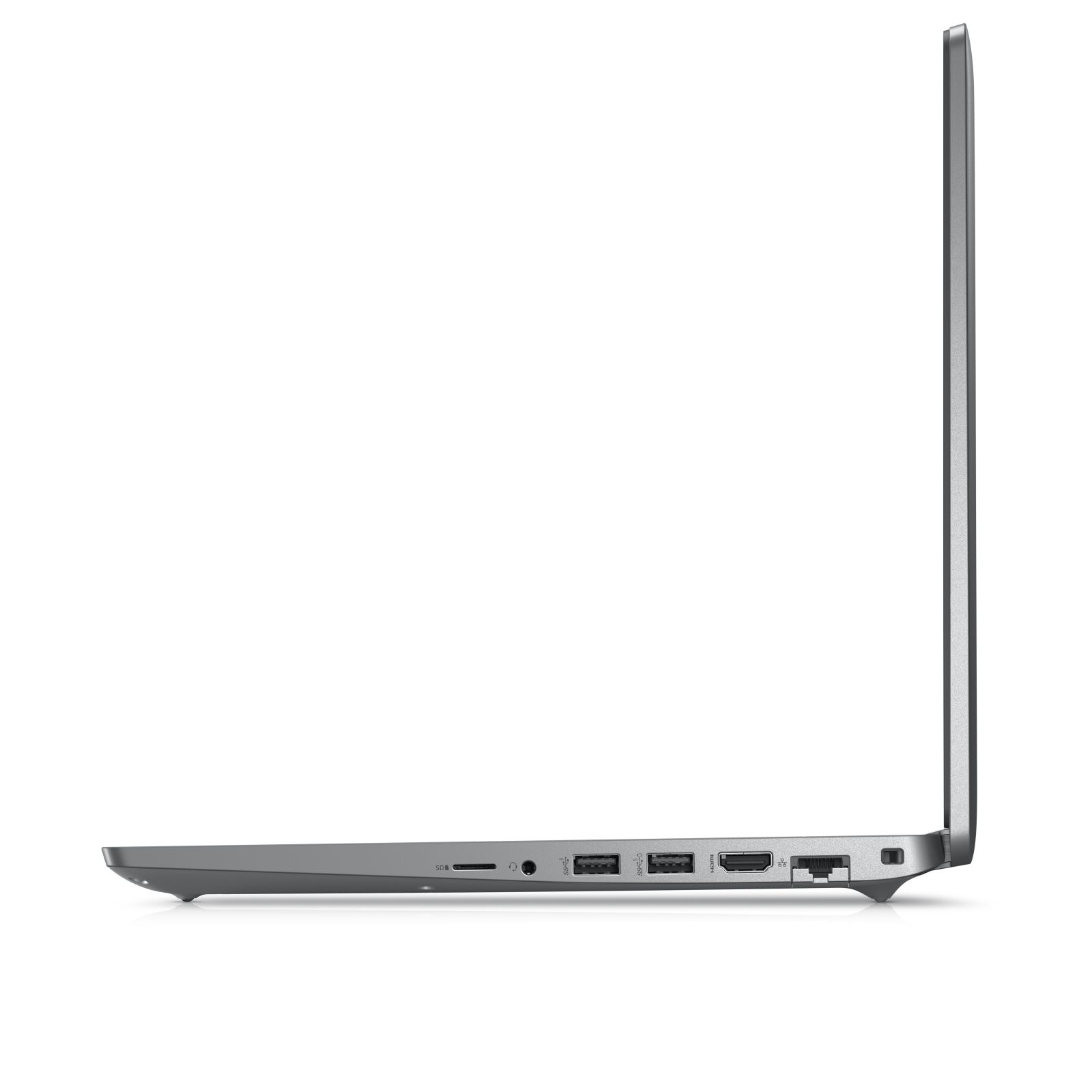 Seitenansicht eines grauen Laptops mit sichtbaren Anschlüssen. Weißer Hintergrund.