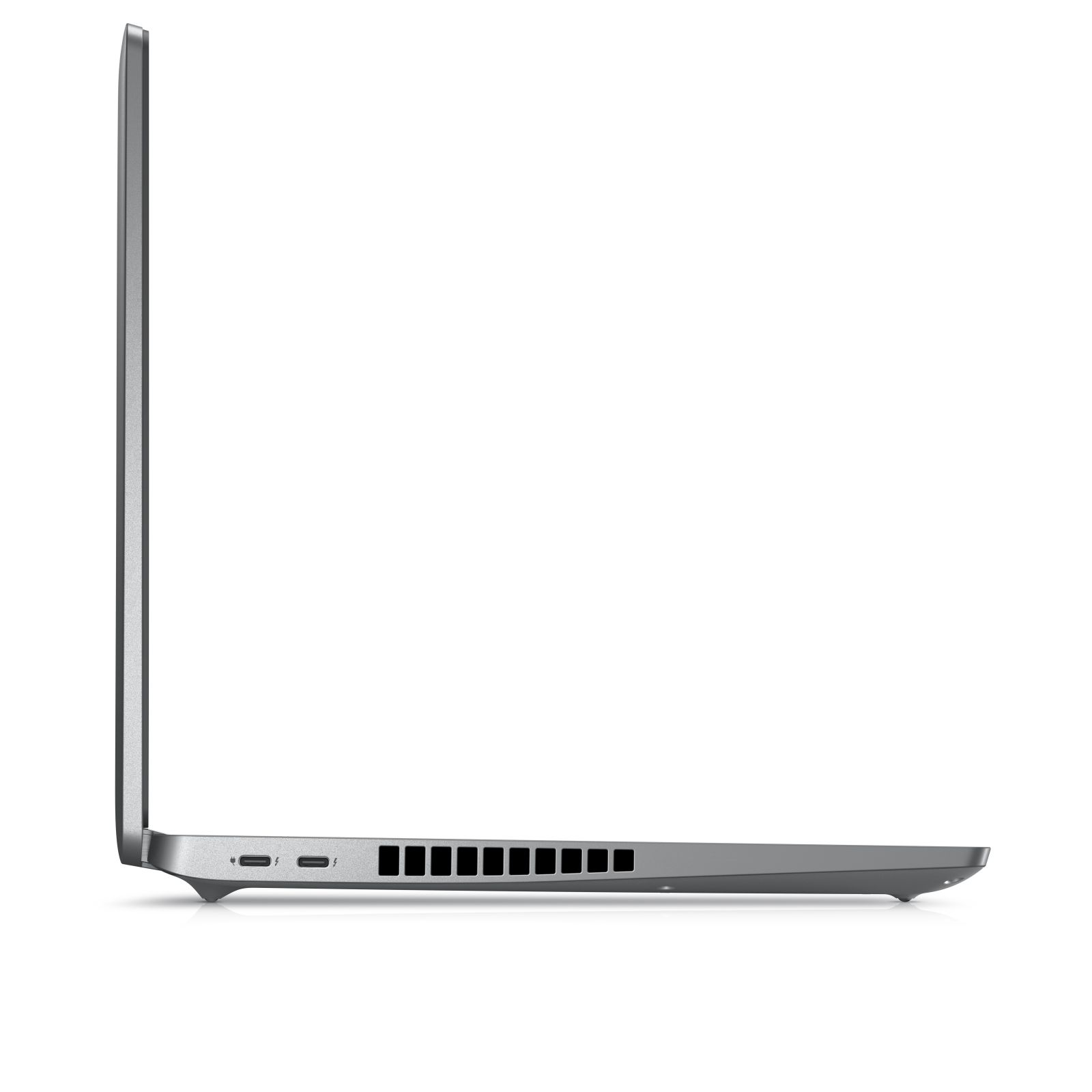 Seitenansicht eines grauen Laptops. Mehrere Anschlüsse sichtbar.