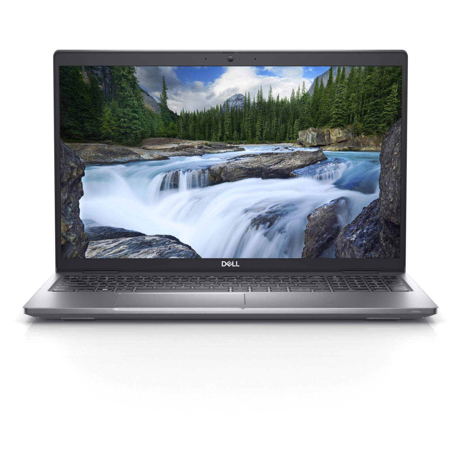Ein Laptop auf weißem Hintergrund mit einem Bildschirm, der eine Waldszene zeigt.