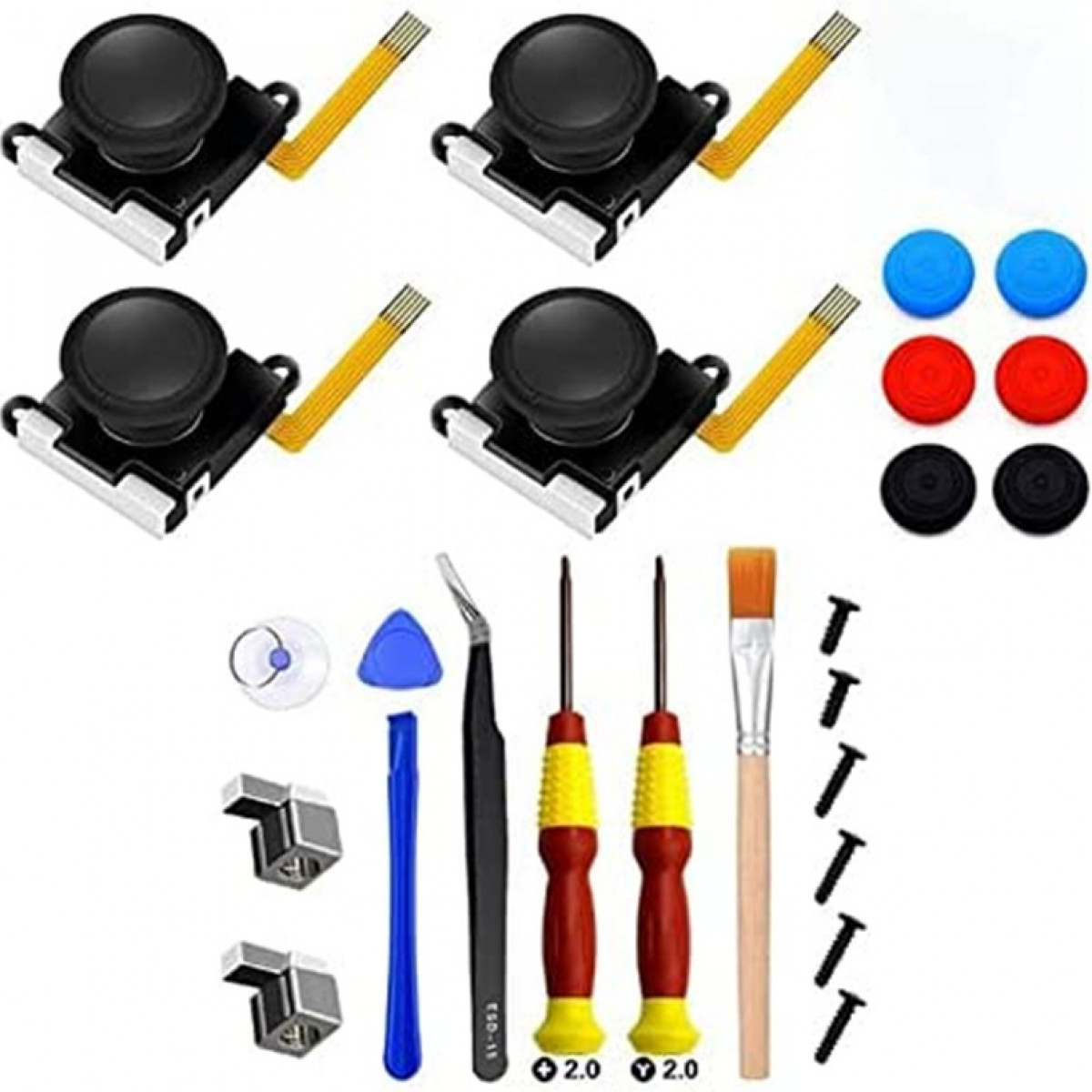 Set zwarte thumbsticks, gekleurde knoppen en gereedschap voor het repareren van gameconsole-controllers.